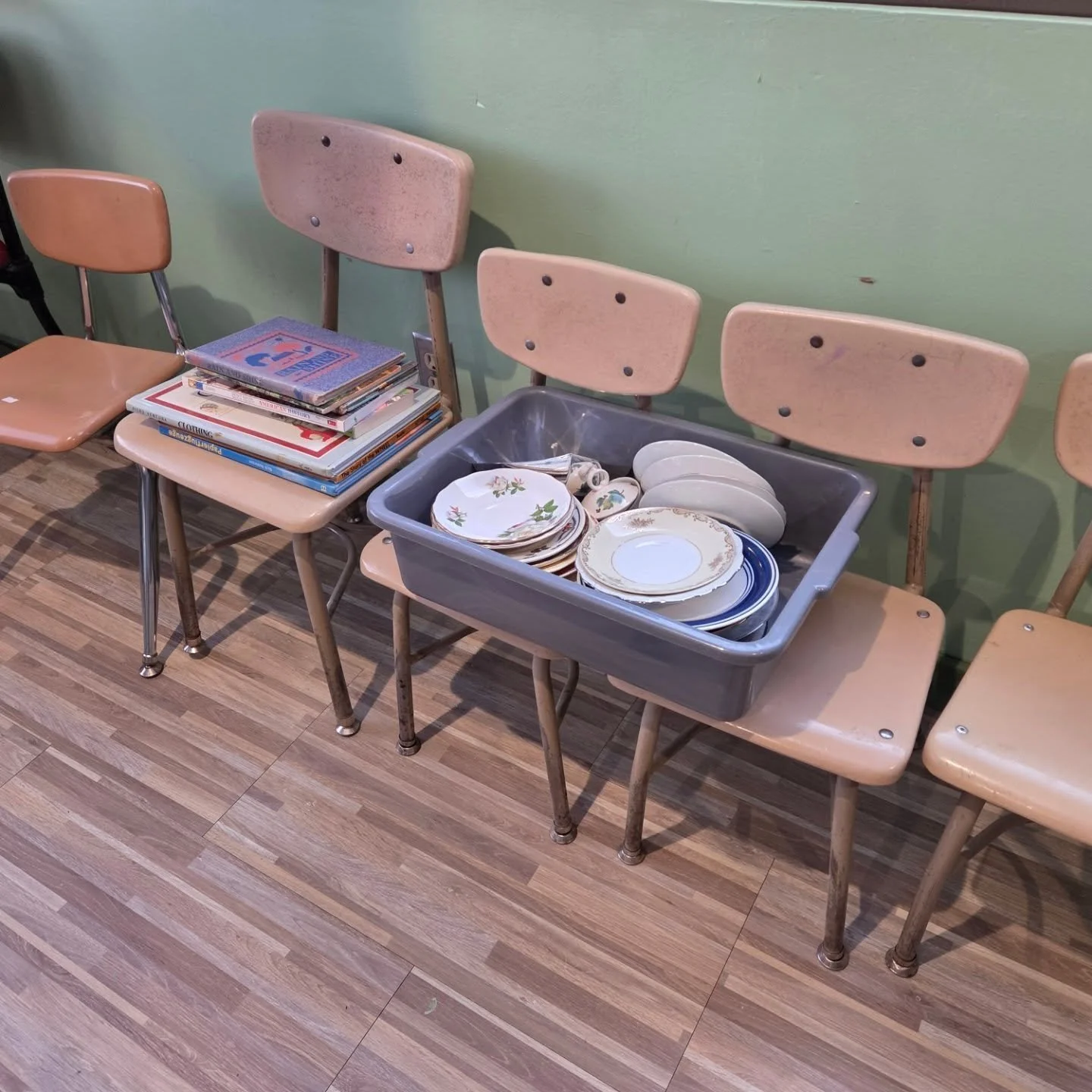 mecca need kid-sized chairs, old books for collage, tea saucers for mosaics?