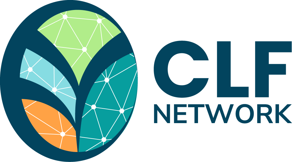 Multicolor oval shape with orange, sky blue, light green, and teal inside a dark blue border and CLF Network text