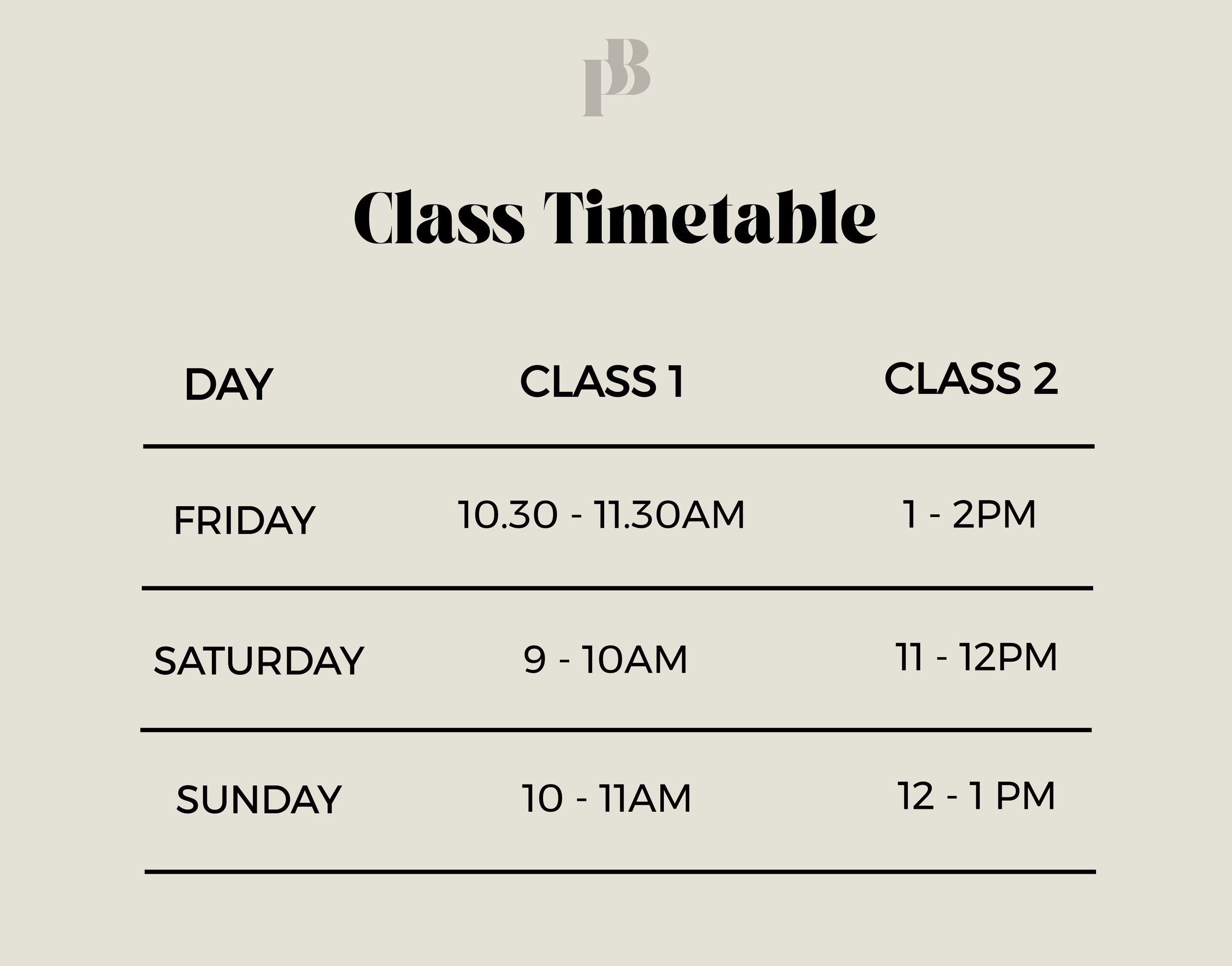 Class timetable pilates reformer