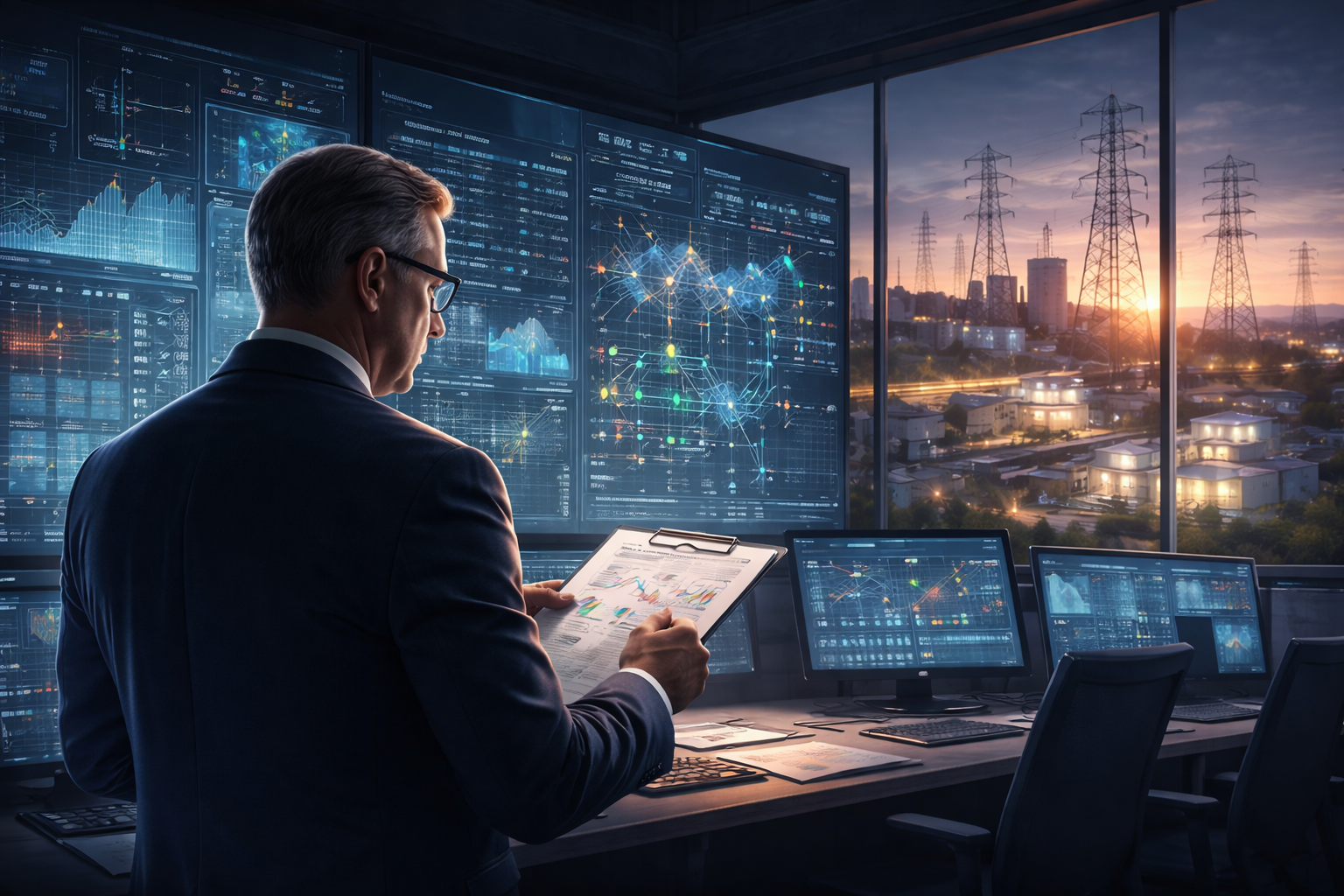 Utility operations leader monitoring system performance, risk indicators, and real-time data to support infrastructure reliability and decision-making.