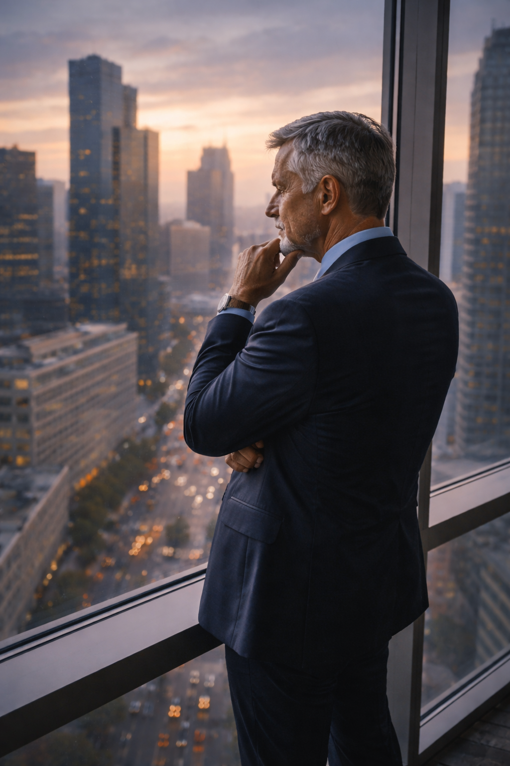 Utility operations leader evaluating infrastructure performance, strategic risk, and long-term planning across an urban environment.