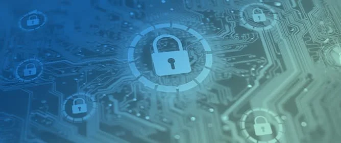 Utility cybersecurity and data protection graphic representing secure infrastructure systems and risk management in utility operations.