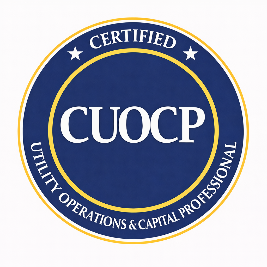Certified CUOCP badge in blue and gold with the text "Certified CUOCP" and "Utility Operations & Capital Professional" around the border.