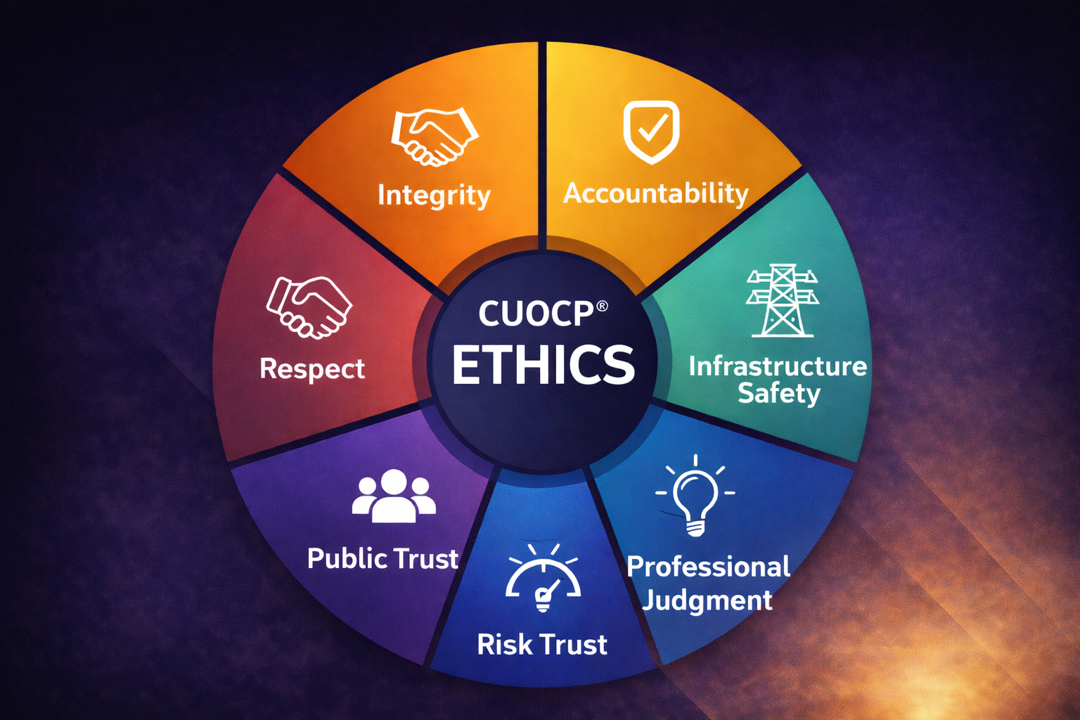 CUOCP ethics framework graphic highlighting integrity, accountability, infrastructure safety, professional judgment, risk trust, public trust, and respect.