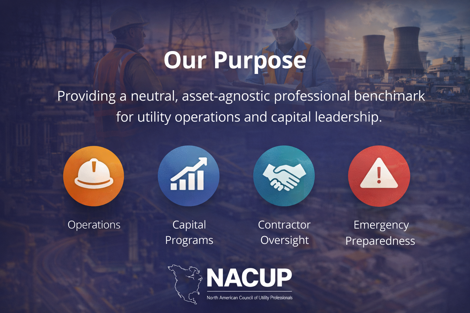 NACUP professional benchmark graphic outlining neutral, asset-agnostic standards for utility operations, capital programs, contractor oversight, emergency preparedness, and Identifying the purpose.