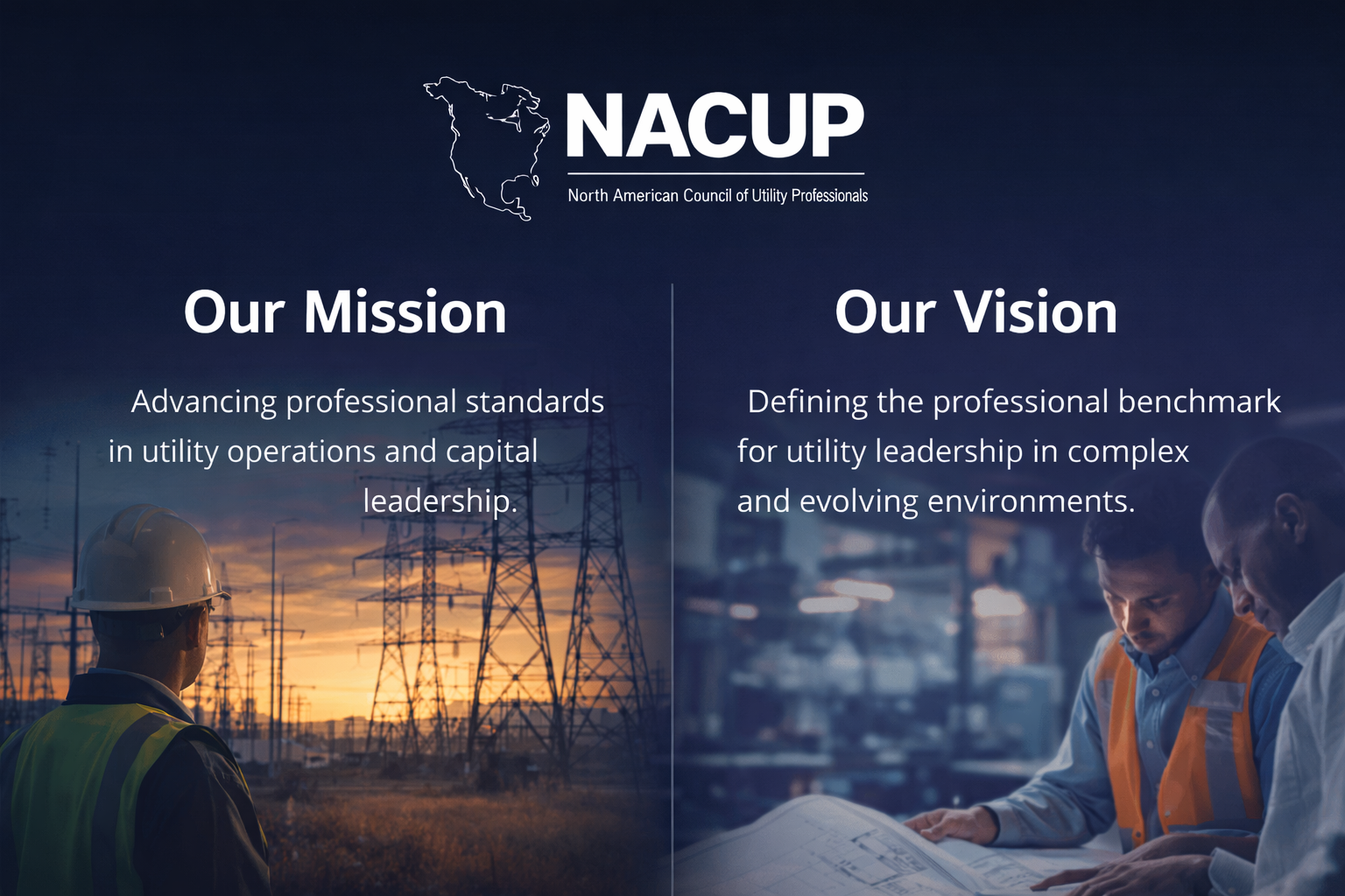 NACUP mission and vision graphic highlighting utility safety leadership, infrastructure planning, and professional certification for utility operations leaders.