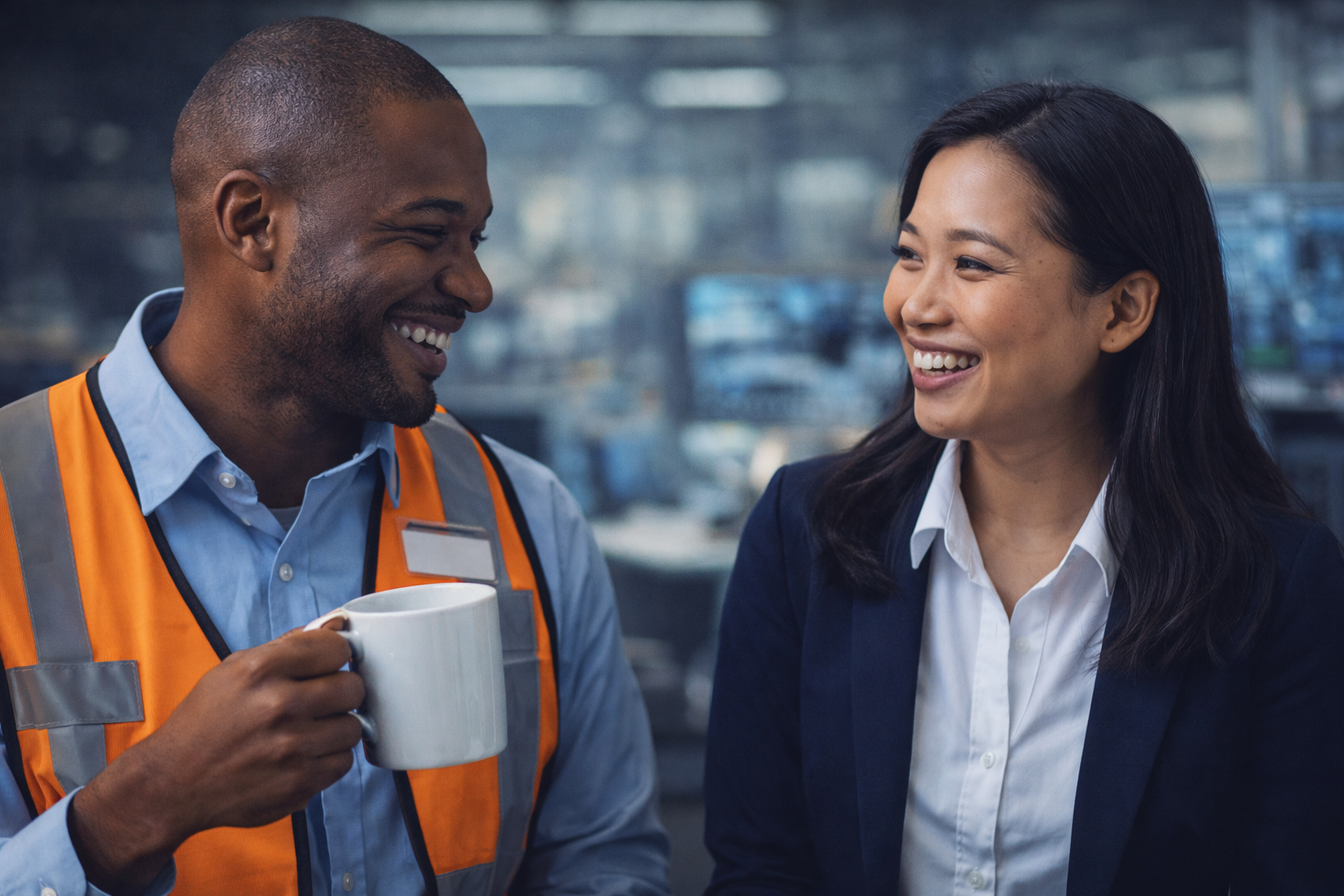 Utility operations professional and business leader discussing coordination, safety, and decision-making in an office environment.