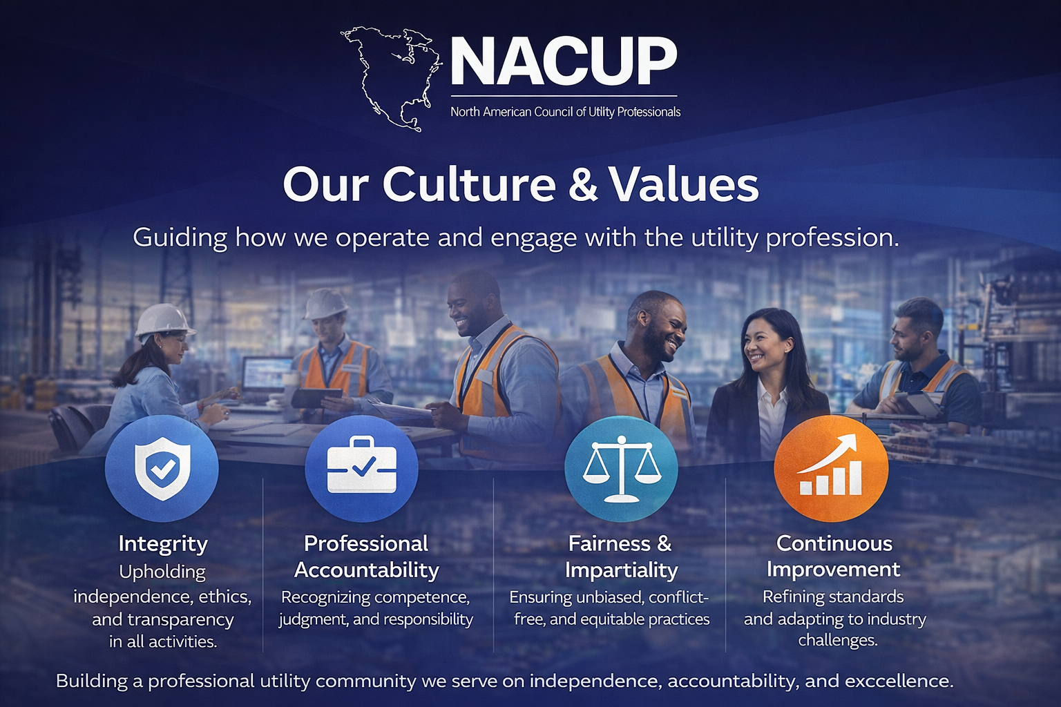 NACUP culture and values graphic highlighting integrity, accountability, fairness, impartiality, and continuous improvement in utility operations leadership.