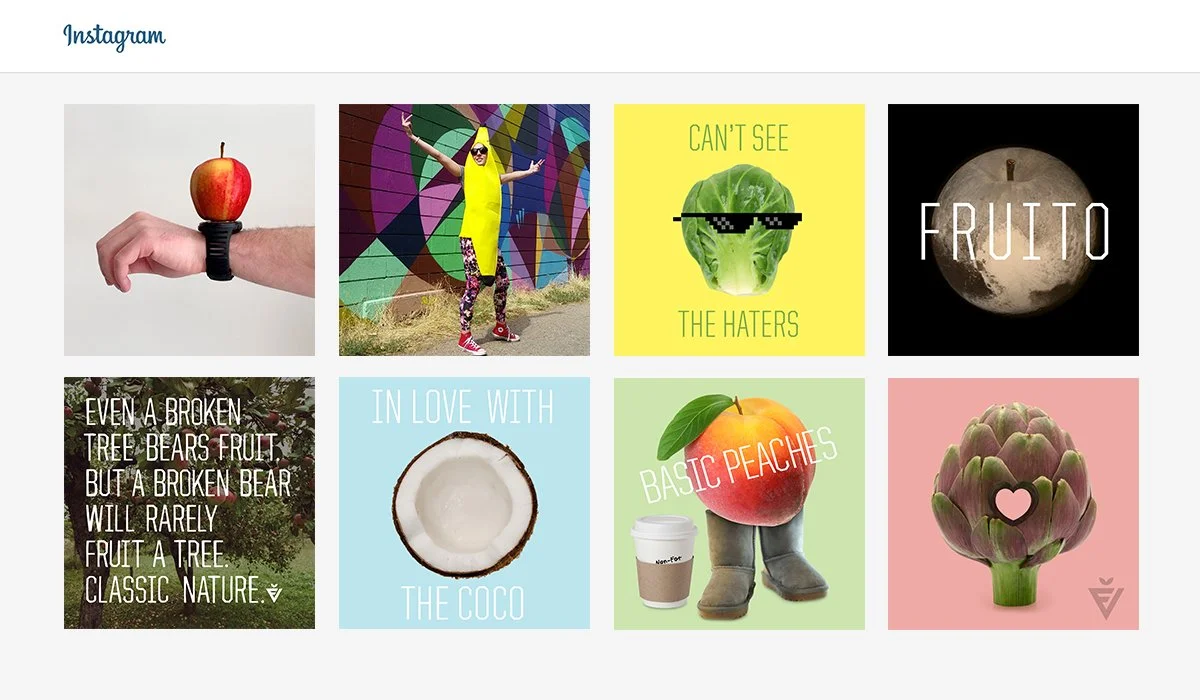 Instagram grid with eight images and text related to fruit and nature: an arm with a watch holding an apple, a person in a yellow outfit in front of colorful wall art, a lettuce head with sunglasses and text "Can't see the haters," the moon with the word "Frutto," a quote about broken tree bears and fruit, a coconut with the text "In love with the coco," a peach with boots and the text "Basic peaches," and an artichoke with a heart on it.