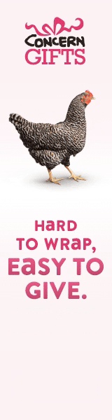 A promotional graphic with a pink ribbon and the words 'Concern Gifts.' An image of a hen and text emphasizing that gift wrapping is difficult but giving is easy.