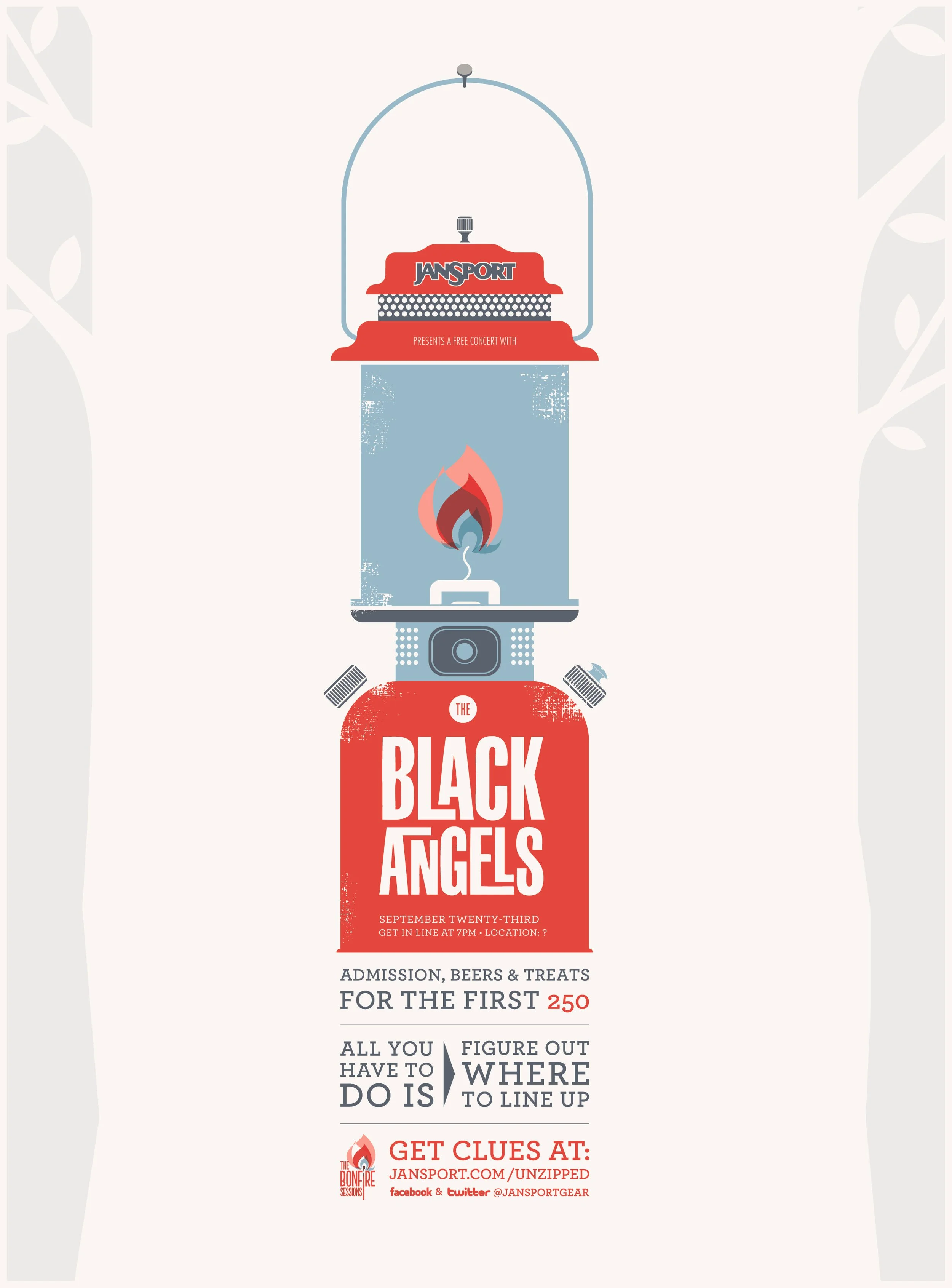 Event poster featuring a vintage lantern design with text promoting a concert by the Black Angels, scheduled for September 23rd, with details about tickets, venue, and clues at jan sport website and social media.