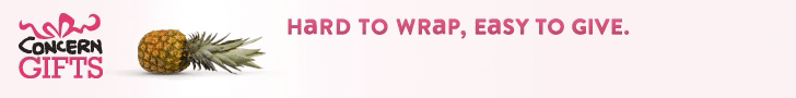 Image of a pineapple and text that says 'Hard to wrap, easy to give' from Concern Gifts.