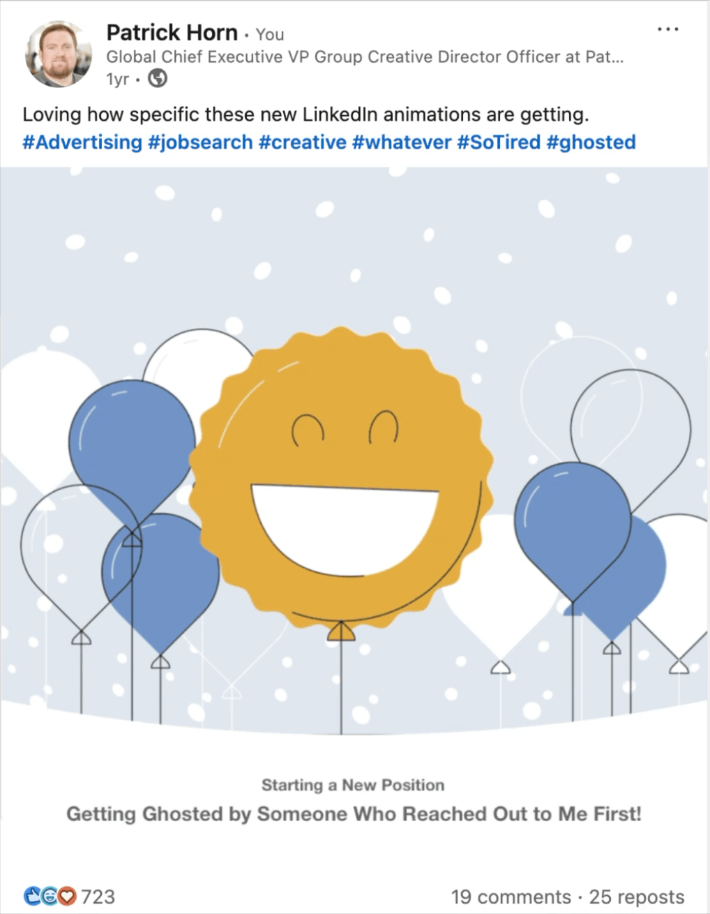 Animated illustration of a large, smiling, yellow-orange sun with a happy face and closed eyes, surrounded by blue balloons with strings, in a snowy background with falling snowflakes.