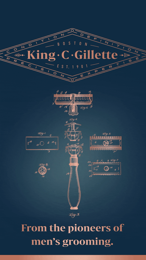Vintage shaving razor and blueprint illustrations on a promotional poster for King C. Gillette, a pioneer in men's grooming.