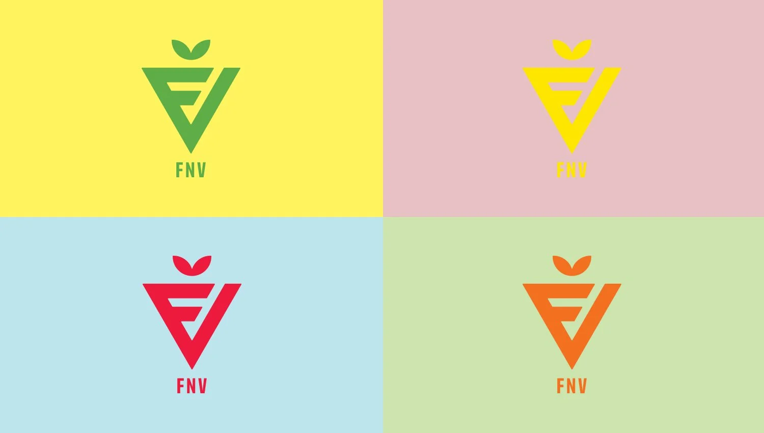 A colorful collage of four logos with the same design, each in different pastel background colors: yellow, pink, blue, and green. The logos consist of a stylized leaf, a triangle with a cutout, and the letters 'FNV' beneath.