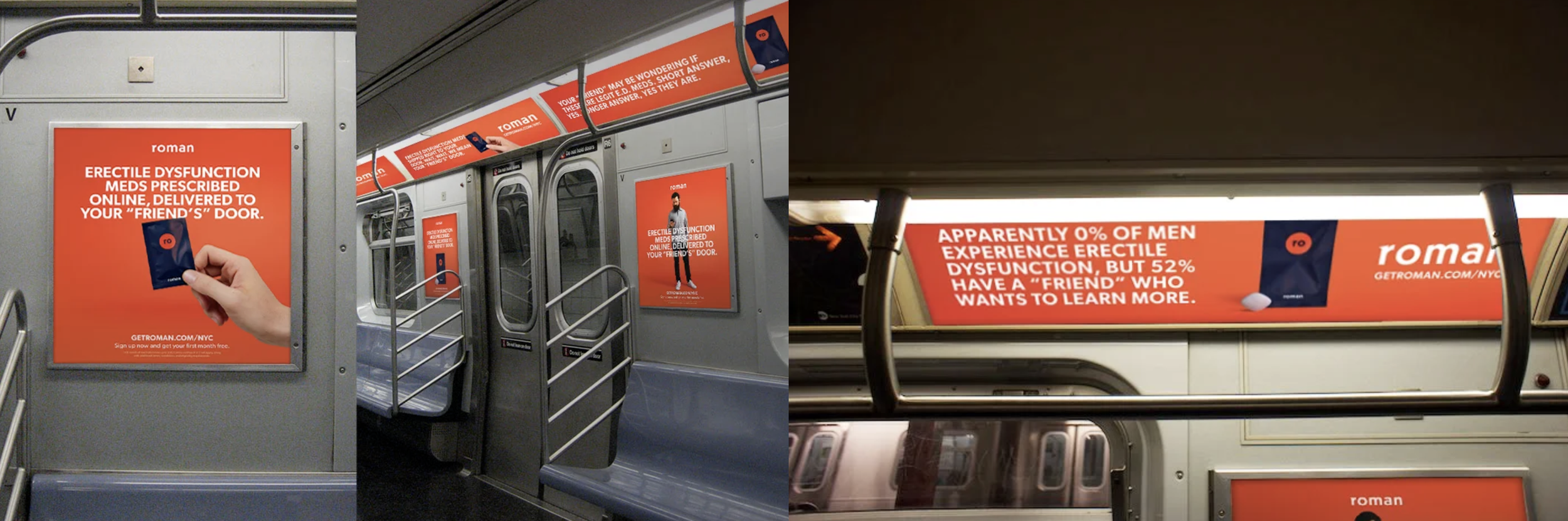 Public transit train interior with advertisements for a medication called Roman on the walls and ceiling. The ads promote Roman for erectile dysfunction, featuring a hand holding a blue packet and text about the medication's benefits and an online service.
