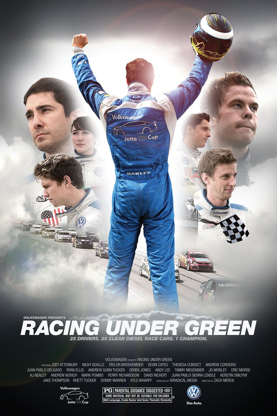 A racing driver in a blue racing suit holding a helmet, surrounded by headshots of other drivers and a racing scene with cars on the track. The poster is for 'Racing Under Green' featuring 25 drivers and 25 diesel race cars.