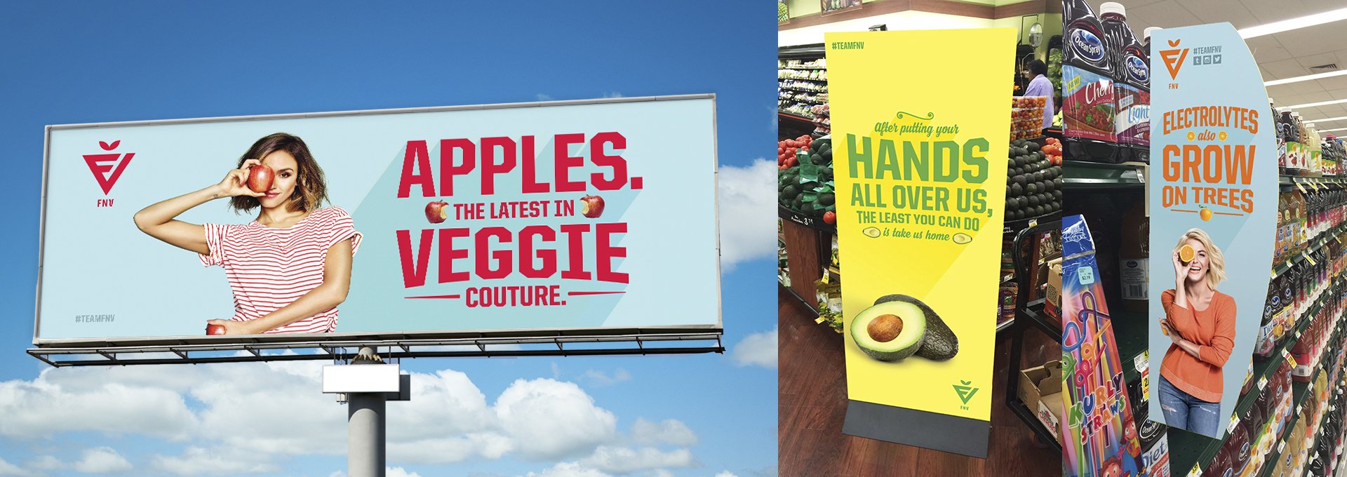 A billboard advertising apples and veggie couture, featuring a woman holding an apple over her eye against a blue sky. Corridor displays promoting avocado and electrolytes on trees, with a woman smiling and holding an orange at a grocery store.