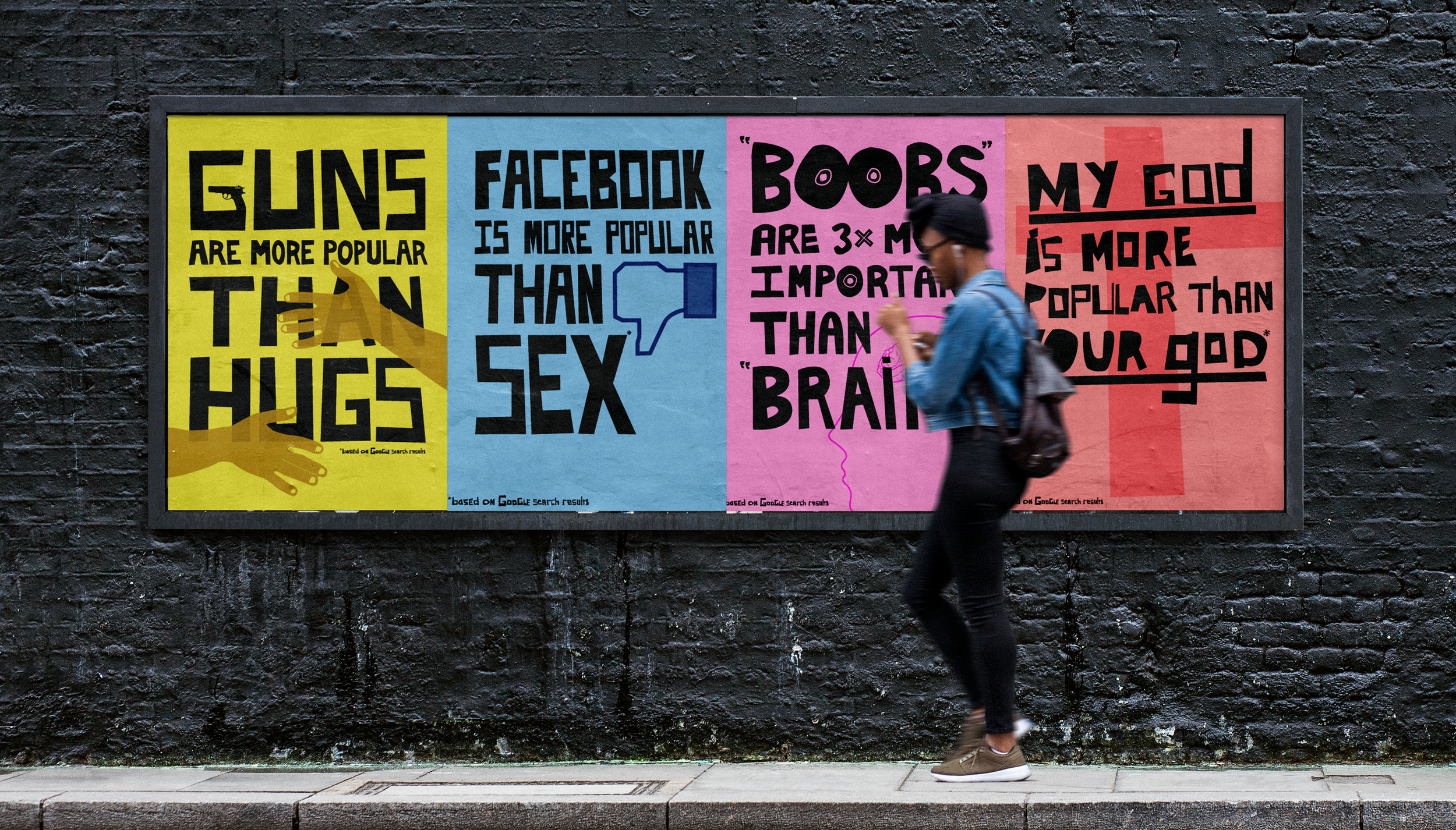 A woman walking past a colorful billboard with four sections containing bold black text on yellow, blue, pink, and red backgrounds, sharing controversial statements about guns, Facebook, breasts, and God.