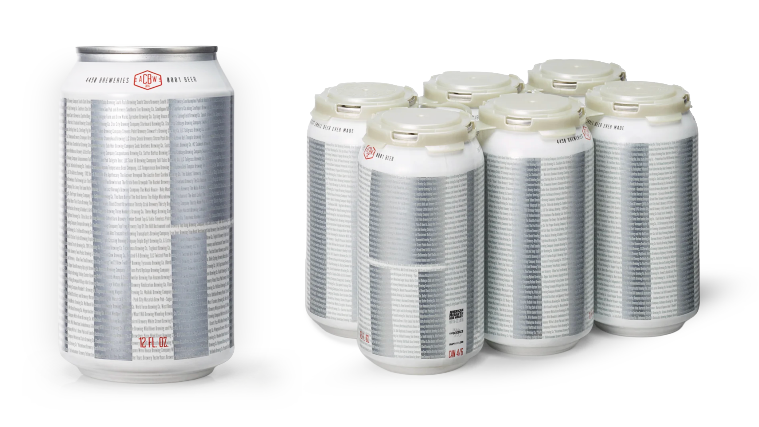 Sixteen cans of beer, one large and fifteen smaller, arranged on a white surface with a black background.