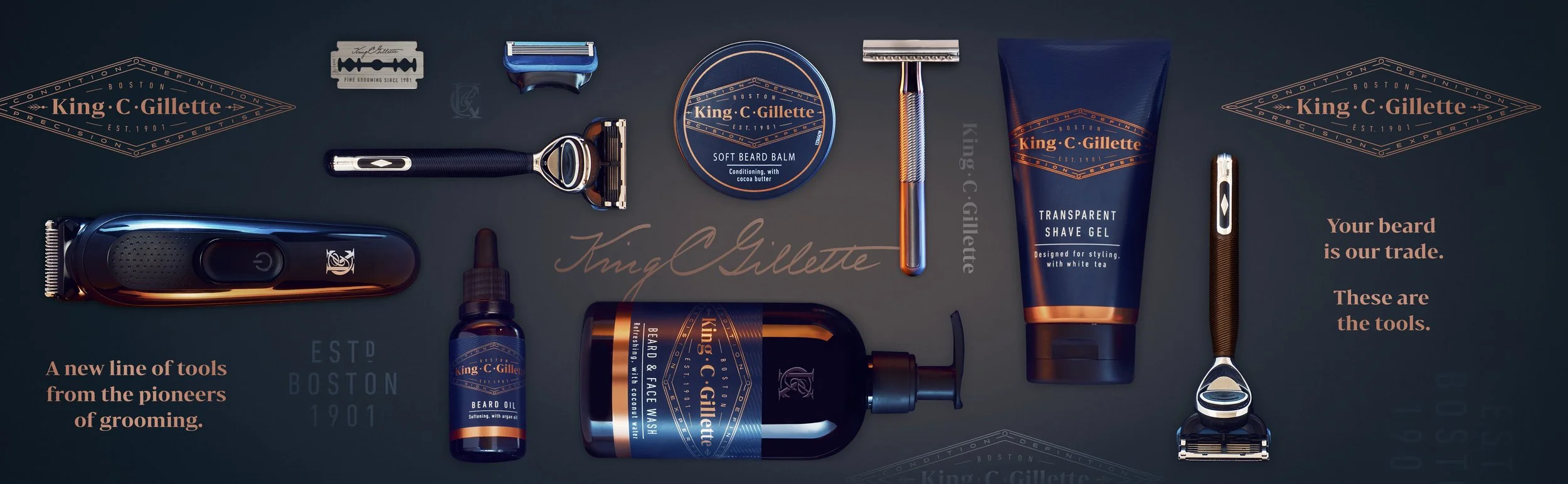 Collection of grooming products including razors, beard oil, grooming balm, face wash, shave gel, and trimmer, arranged on a dark surface with text promoting beard grooming tools.