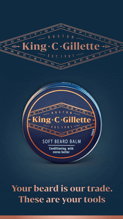 King C. Gillette soft beard balm tin with navy blue and rose gold packaging, and promotional message about beard care