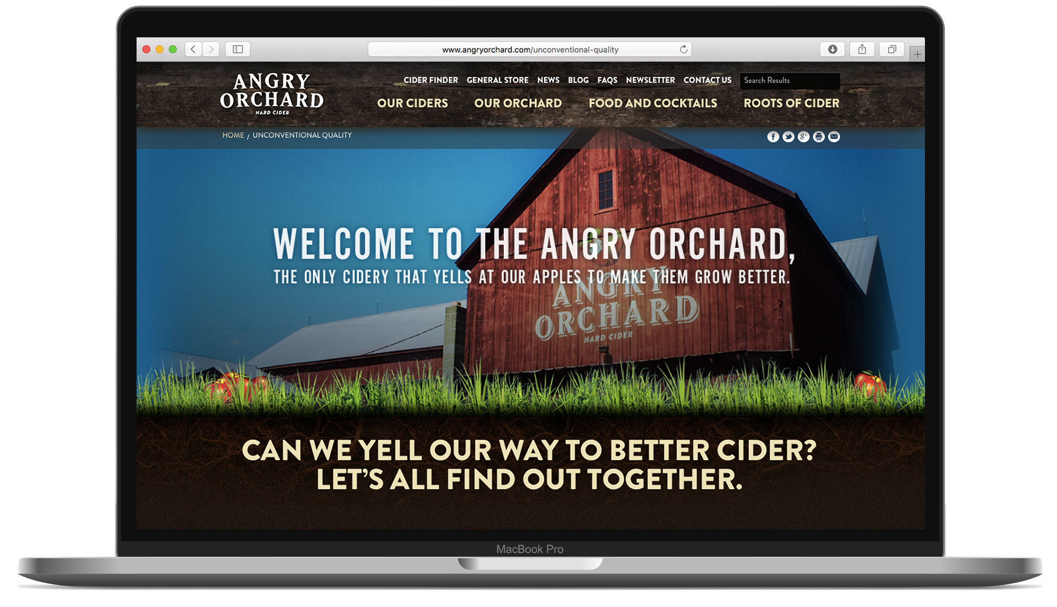 Website homepage for Angry Orchard hard cider, showing a red barn with the logo on the front, grass and apples at the bottom, and navigation menu with options like Our Ciders, Our Orchard, Food and Cocktails, Roots of Cider