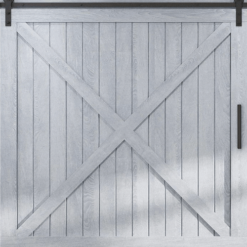 White wooden barn door with black sliding track system and handle.