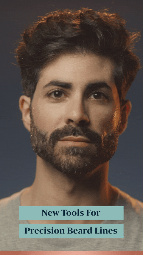 A close-up portrait of a man with dark hair and a beard, looking directly at the camera, with text overlay that reads 'New Tools For Precision Beard Lines'.