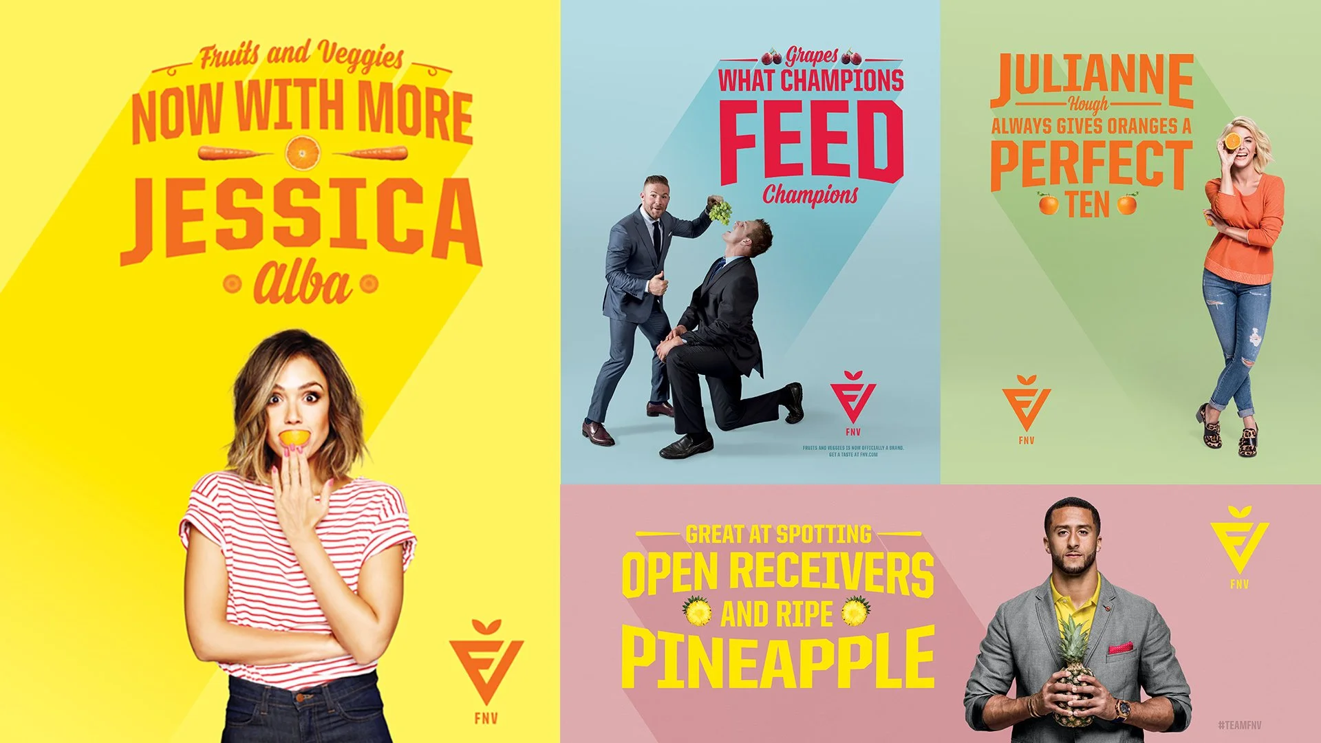 A colorful collage of four sections with text and people promoting fruits and vegetables. The top left has a woman with shoulder-length hair holding an orange slice in front of her mouth, with a bright yellow background. The text reads "Fruits and Veggies Now with More Jessica Alba." The top middle has two men in suits, one kneeling and the other standing, with the text "Grapes What Champions Feed Champions." The top right has a woman with blonde hair and a big smile, holding an orange slice over her eye, with the text "Julianne Hough Always Gives Oranges a Perfect Ten." The bottom right features a man holding a pineapple with the text "Great at Spotting Open Receivers and Ripe Pineapple." The backgrounds are in yellow, light blue, light green, and pink.