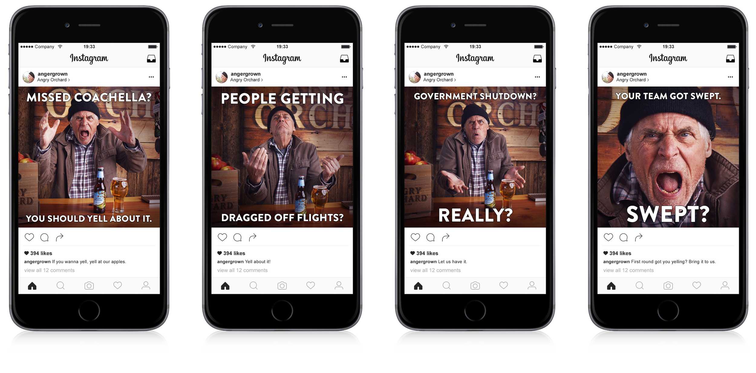 Four smartphones display Instagram posts featuring an older man with a beanie, plaid shirt, and jacket, appearing animated and shouting, in a rustic wooden background with apples. Each screen has bold text headlines about yelling, fighting, government shutdown, and being swept, with a beer bottle and a glass of beer on the table.