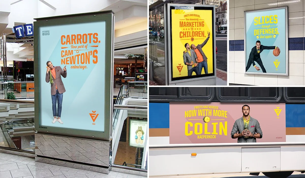 Collection of four advertisements for fruits and vegetables, featuring people posing with playful and energetic messages.