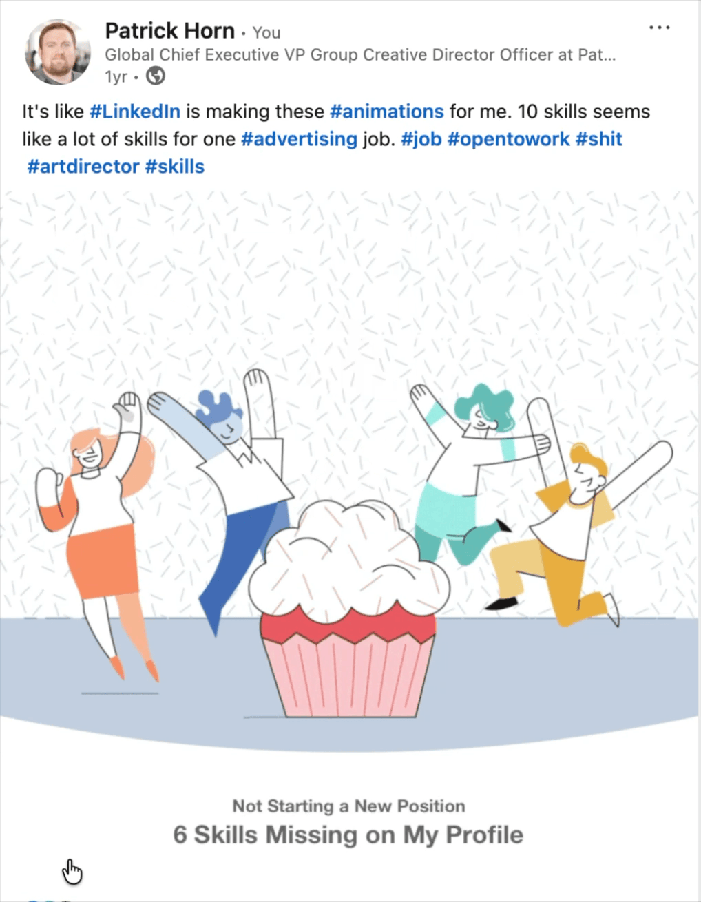 Cartoon illustration of four diverse people dancing excitedly around a large cupcake, celebrating not starting a new job with six skills missing from their profile.