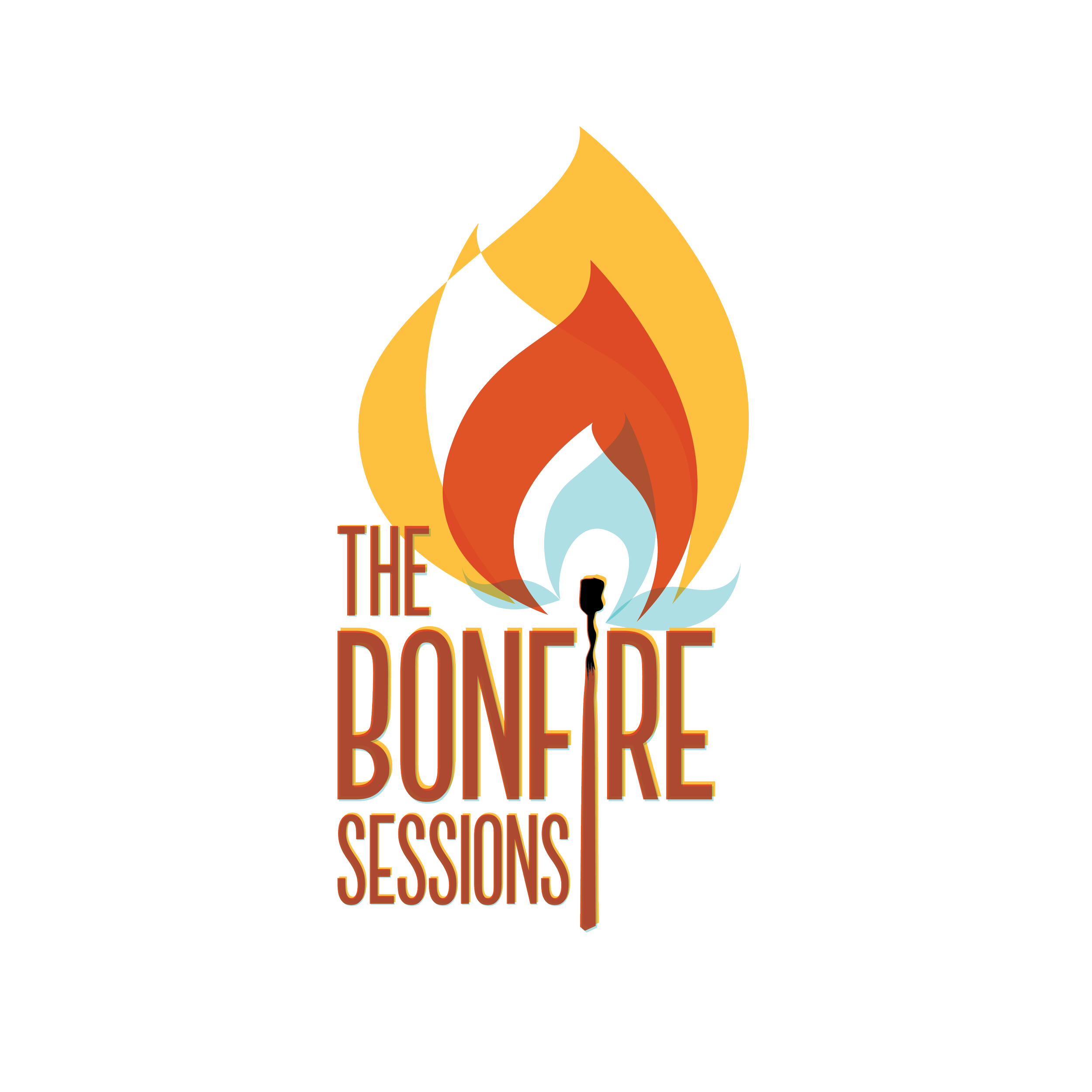 A stylized illustration of a burning matchstick with flames in yellow, orange, and blue, with the text 'The Bonfire Sessions' in bold, orange letters underneath.