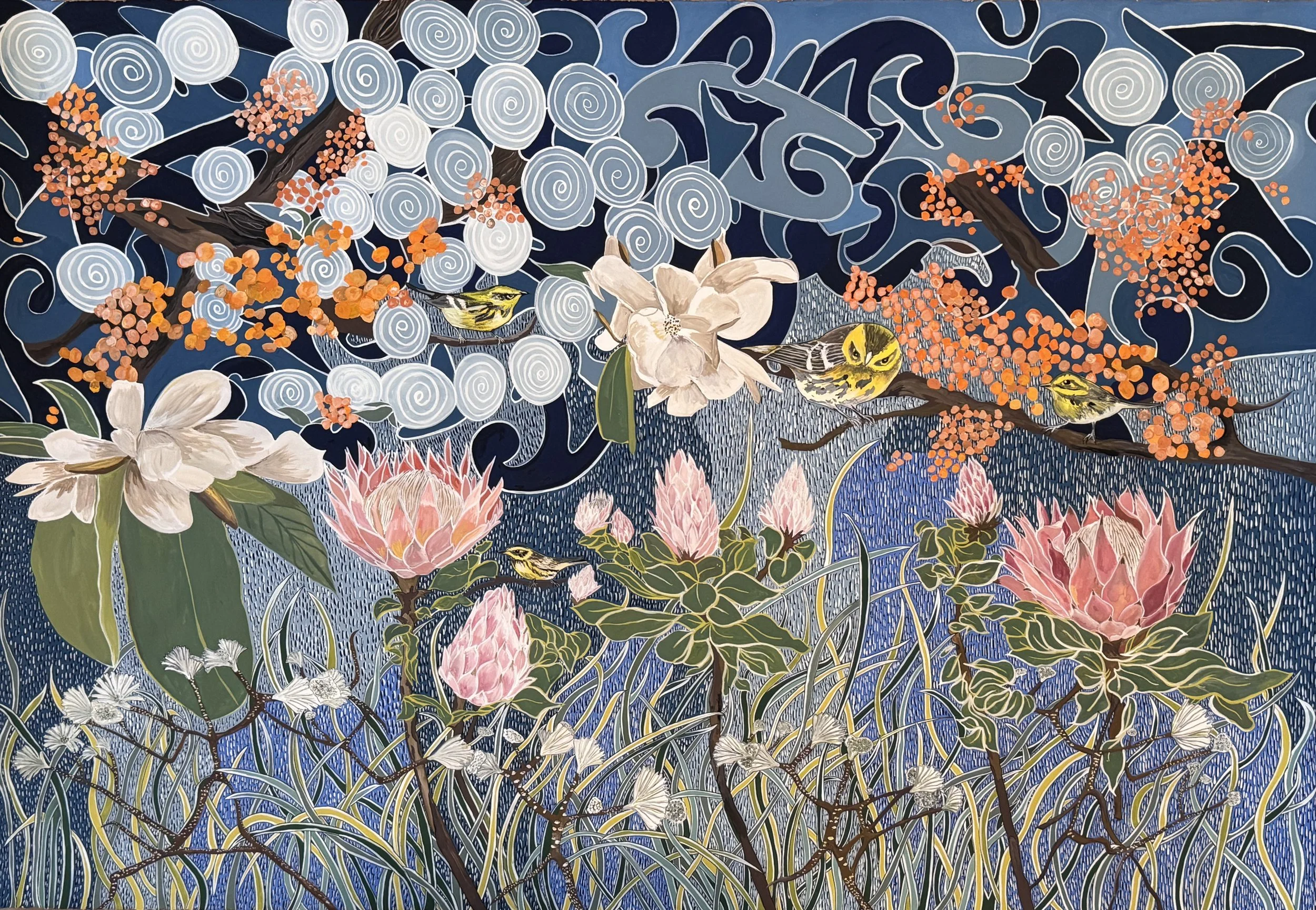 ‘WARBLERS, MAGNOLIA, AND PROTEA’
2025
33” X 48”
GOUACHE AND INK ON PAPER 