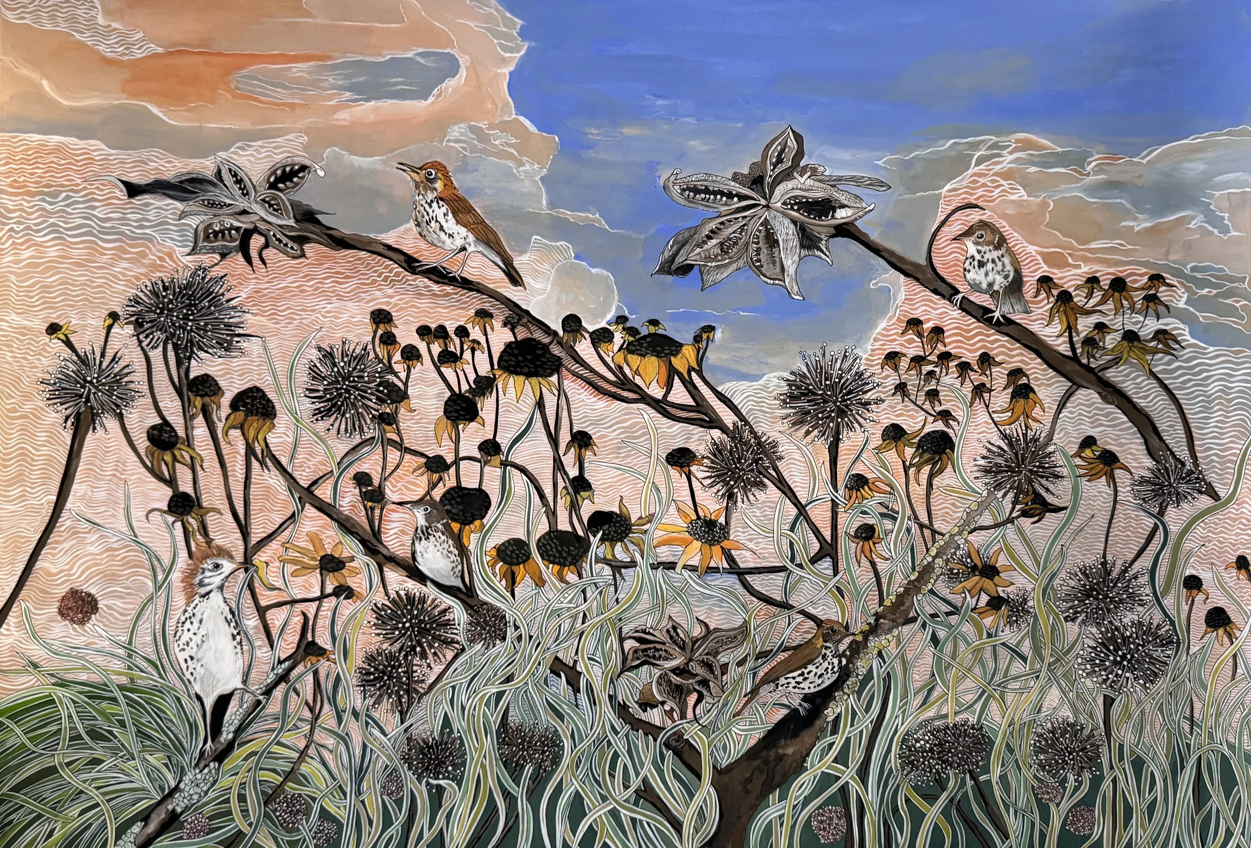 A detailed illustration of a natural scene featuring birds perched on branches of a flowering shrub with round flower heads. The background displays a colorful sky with clouds. The scene has artistic, flowing lines and a mix of realistic and abstract elements.