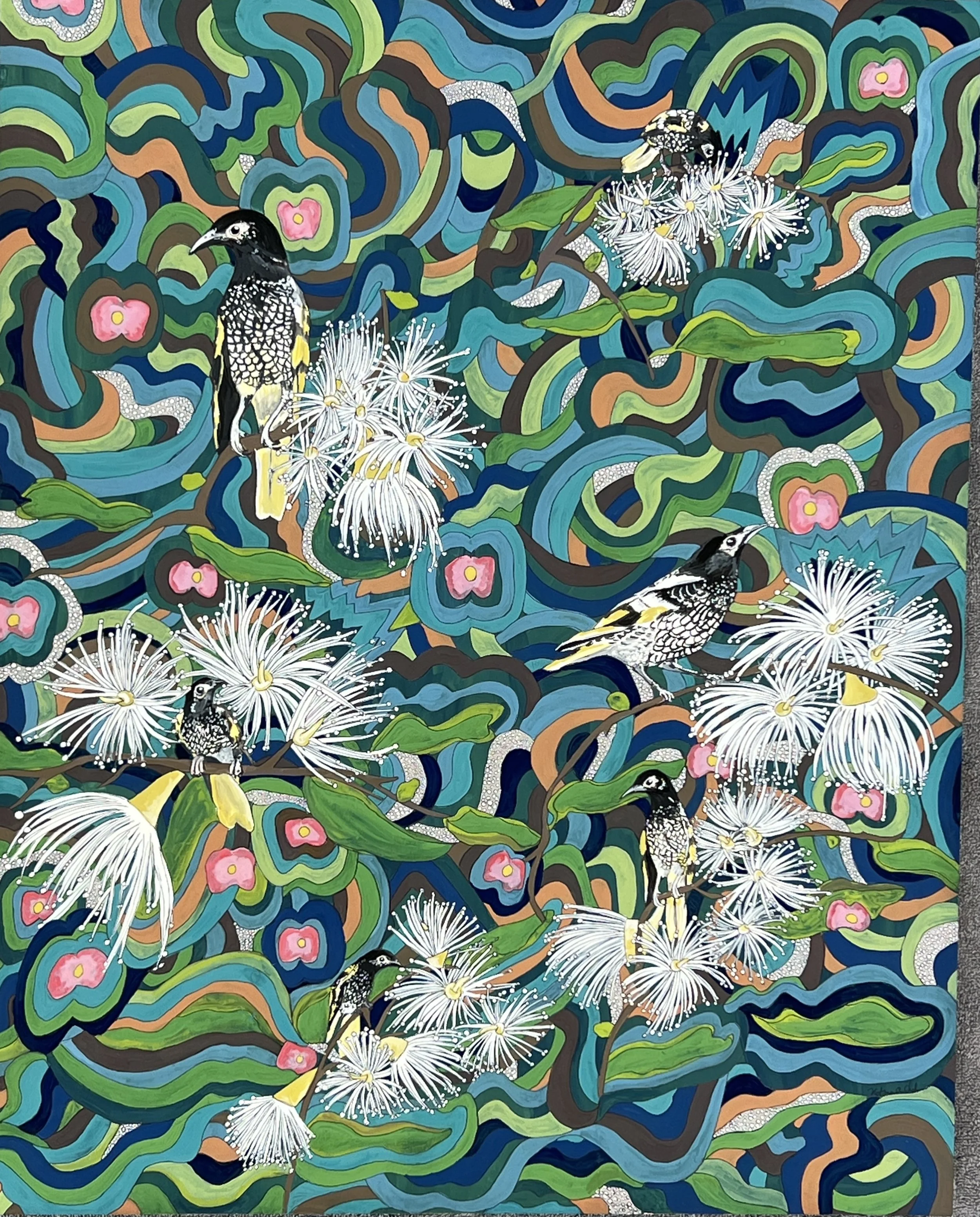 ‘REGENT HONEYEATERS’
2021
GOUACHE AND INK ON PAPER 
19” X 24”