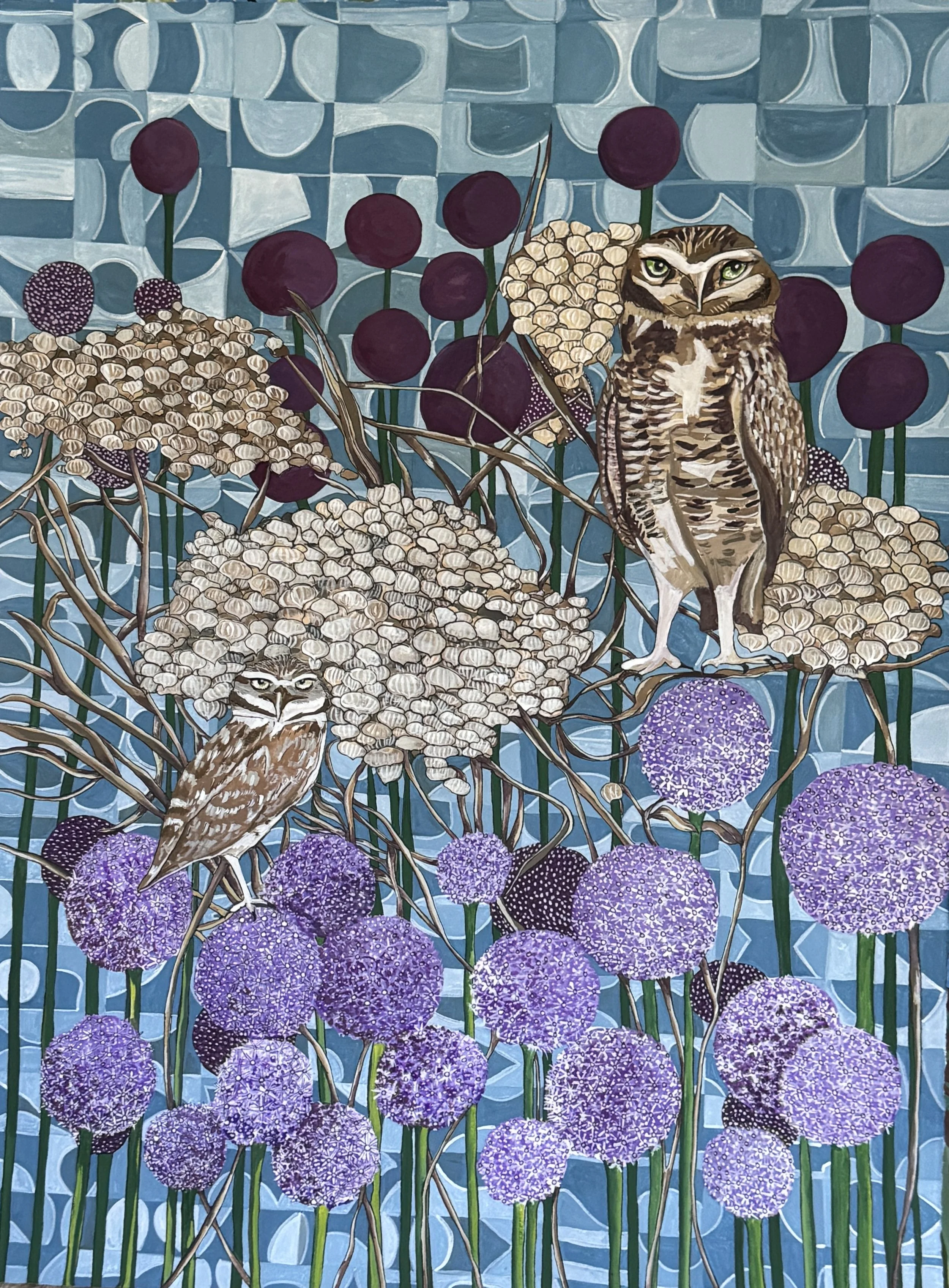 ‘BURROWING OWLS, HYDRANGEAS AND ALLIUMS’
2024
GOUACHE AND INK ON PAPER 
22” X 30”