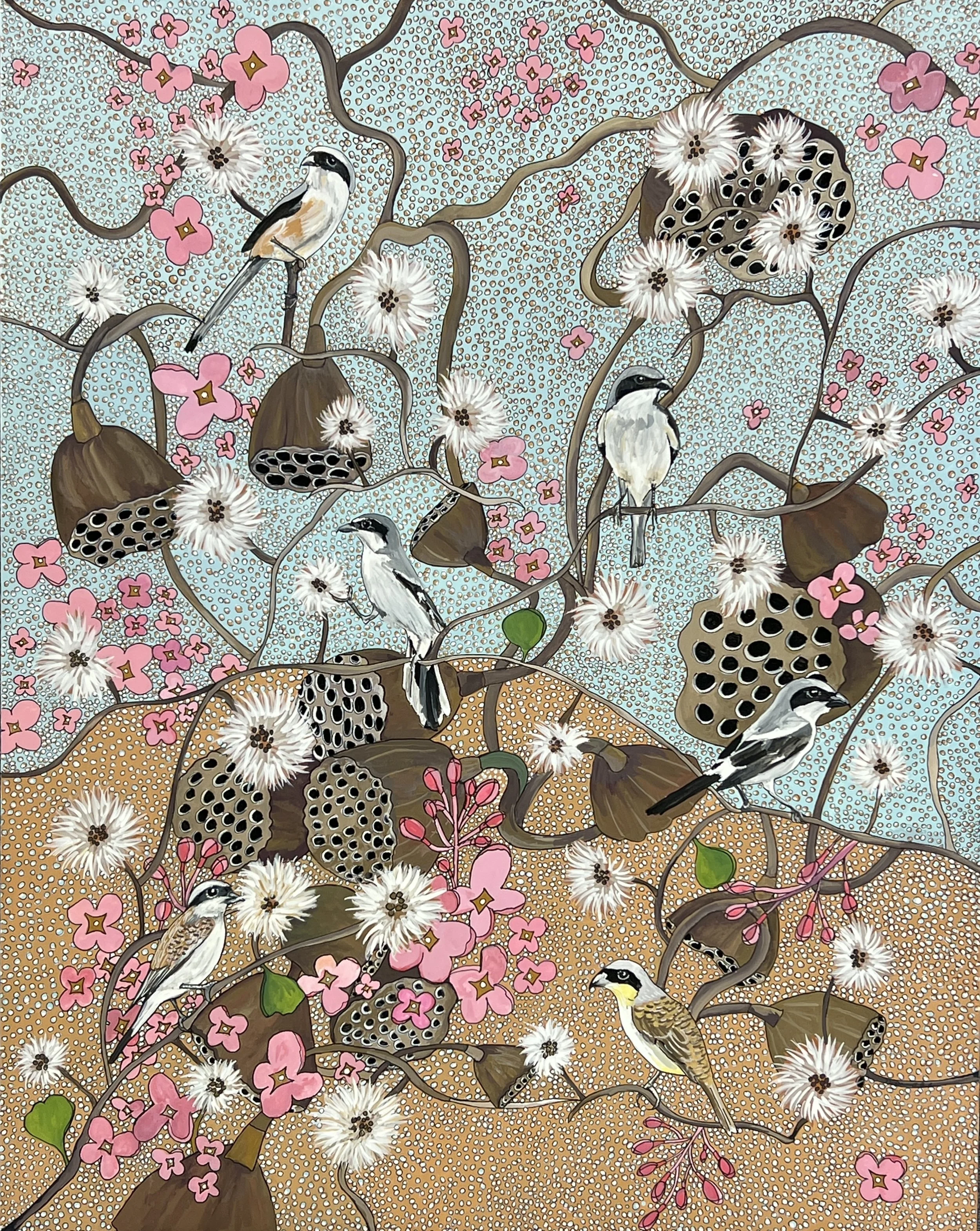 ‘SHRIKES AND PINK LILACS, A SELF PORTRAIT’
2022
GOUACHE AND INK ON PAPER 
19” X 24”