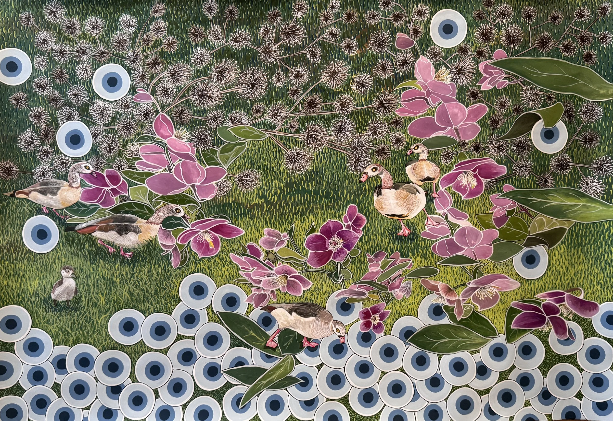 ‘EGYPTIAN GEESE, HELLEBORES AND EVIL EYES’
2025
33” X  40”
GOUACHE AND INK ON PAPER 
