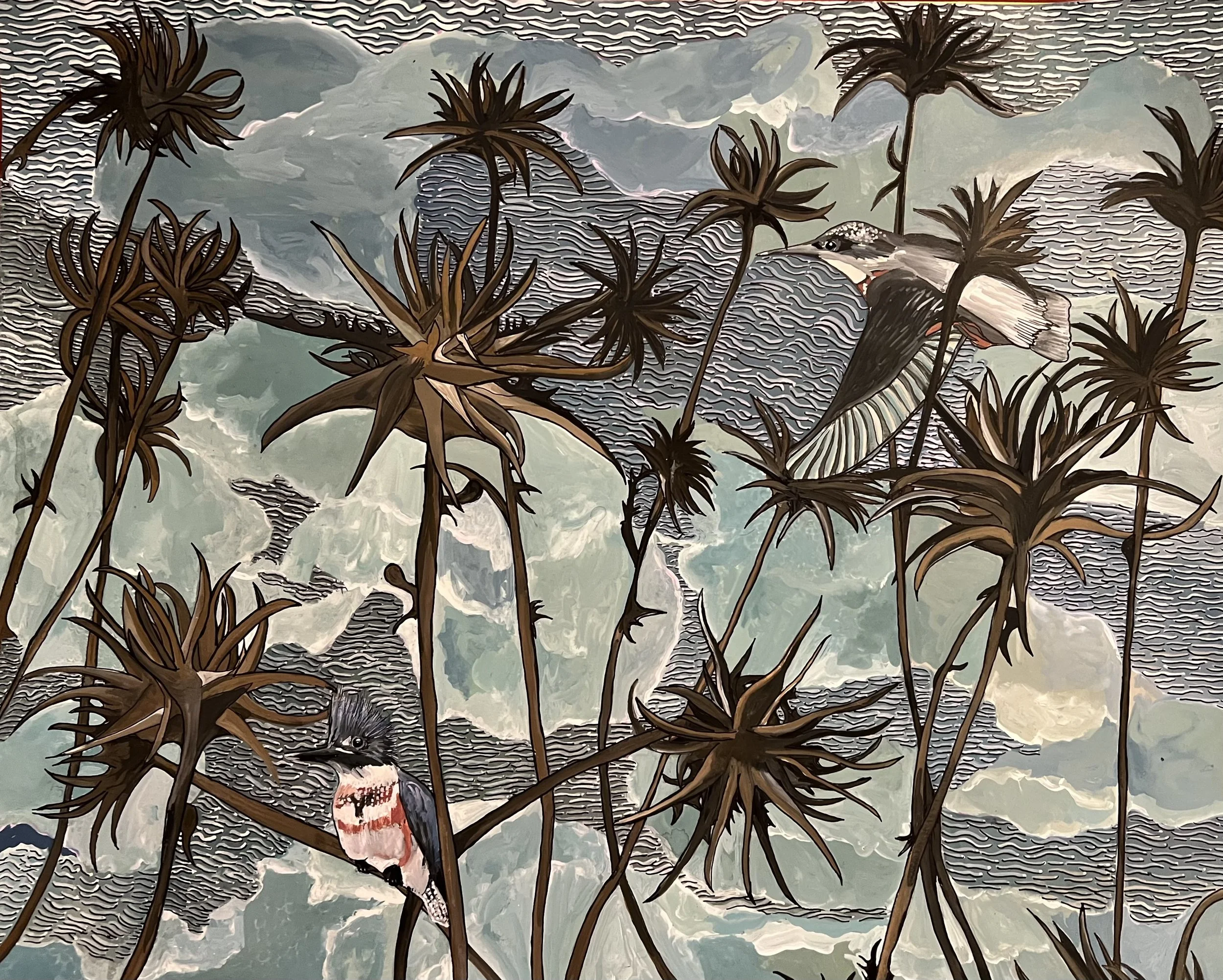 ‘KINGFISHERS AND THISTLES’
2022
GOUACHE AND INK ON PAPER 
19” X 24”