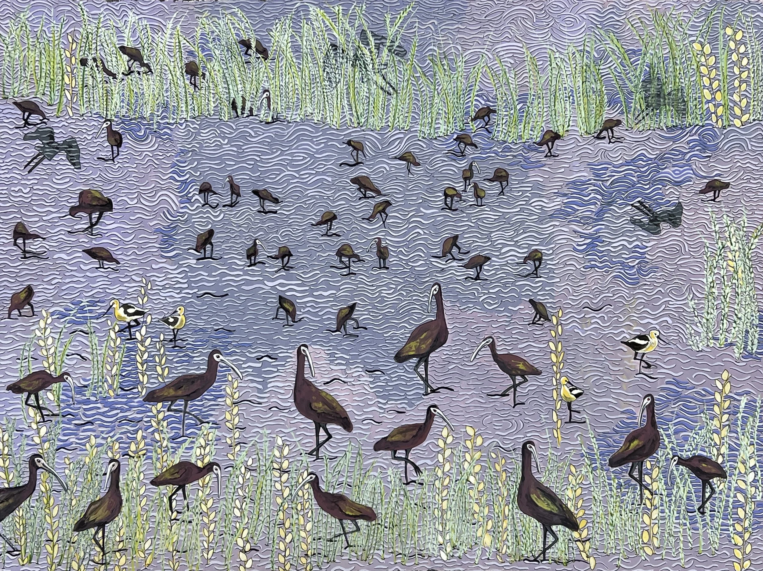 ‘WHITE FACED IBIS AND AVOCETS AT THE GREAT SALT LAKE’
2021
GOUACHE AND INK ON PAPER 
22” X 30”