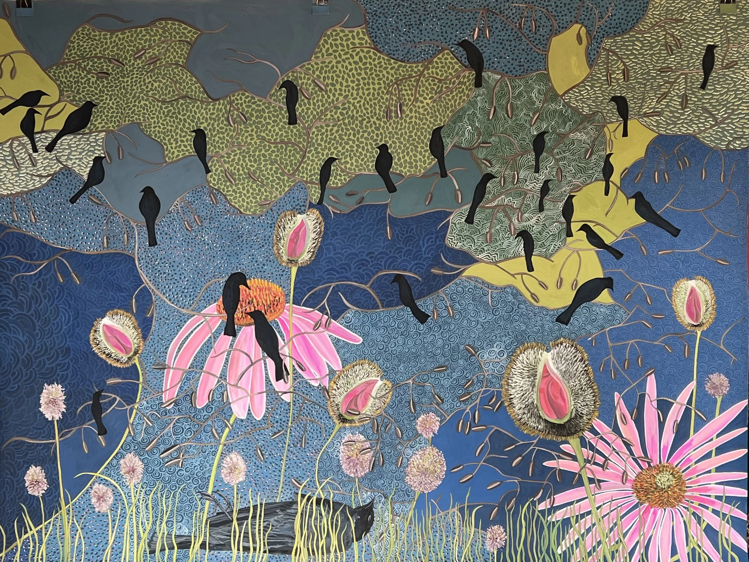 ‘DEATH OF THE GRACKLE’
2022
GOUACHE AND INK ON PAPER 
48” X 65”