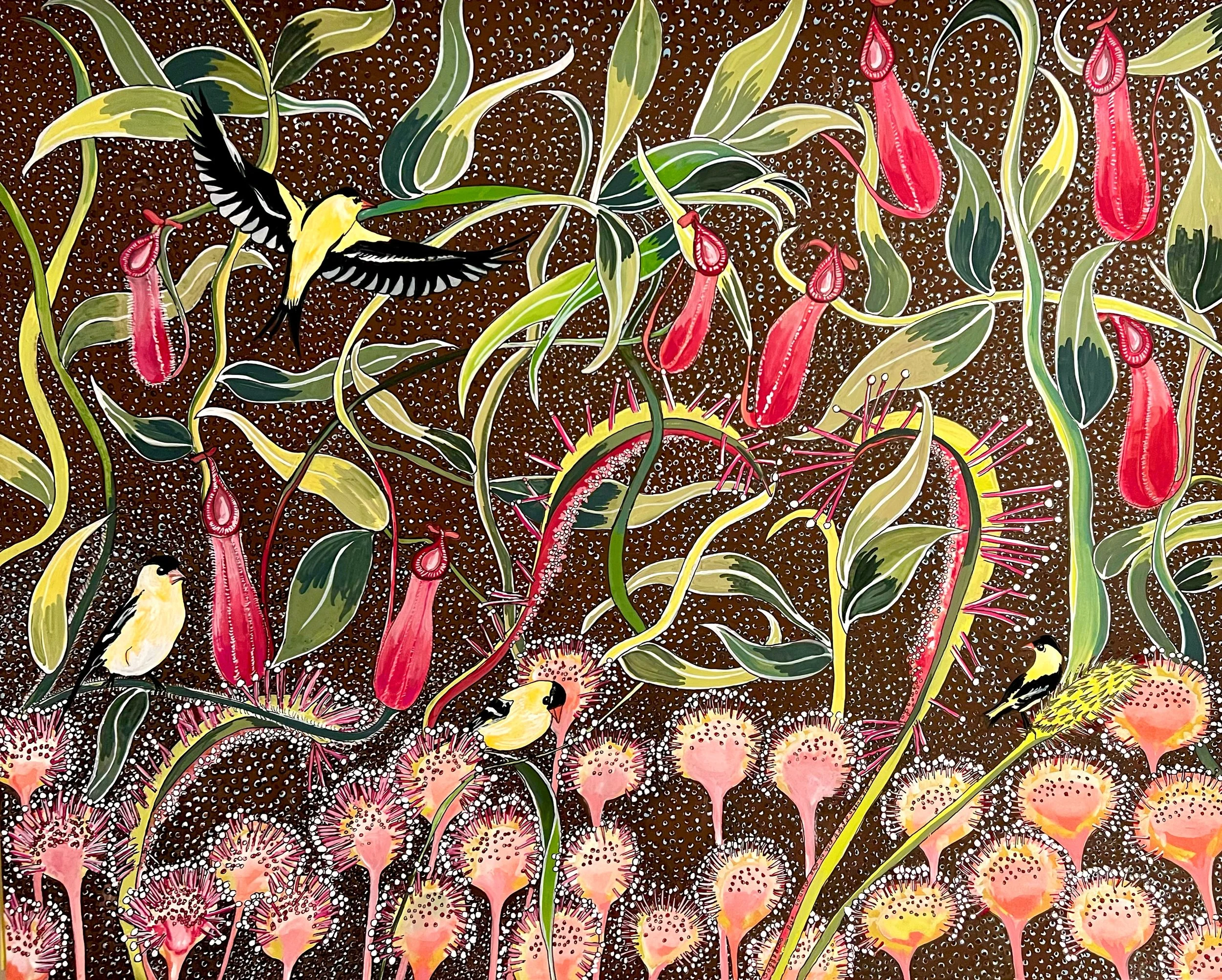 ‘THE GOLDFINCH AND CARNIVOROUS PLANTS ’
2023
GOUACHE AND INK ON PAPER 
19” X 24”