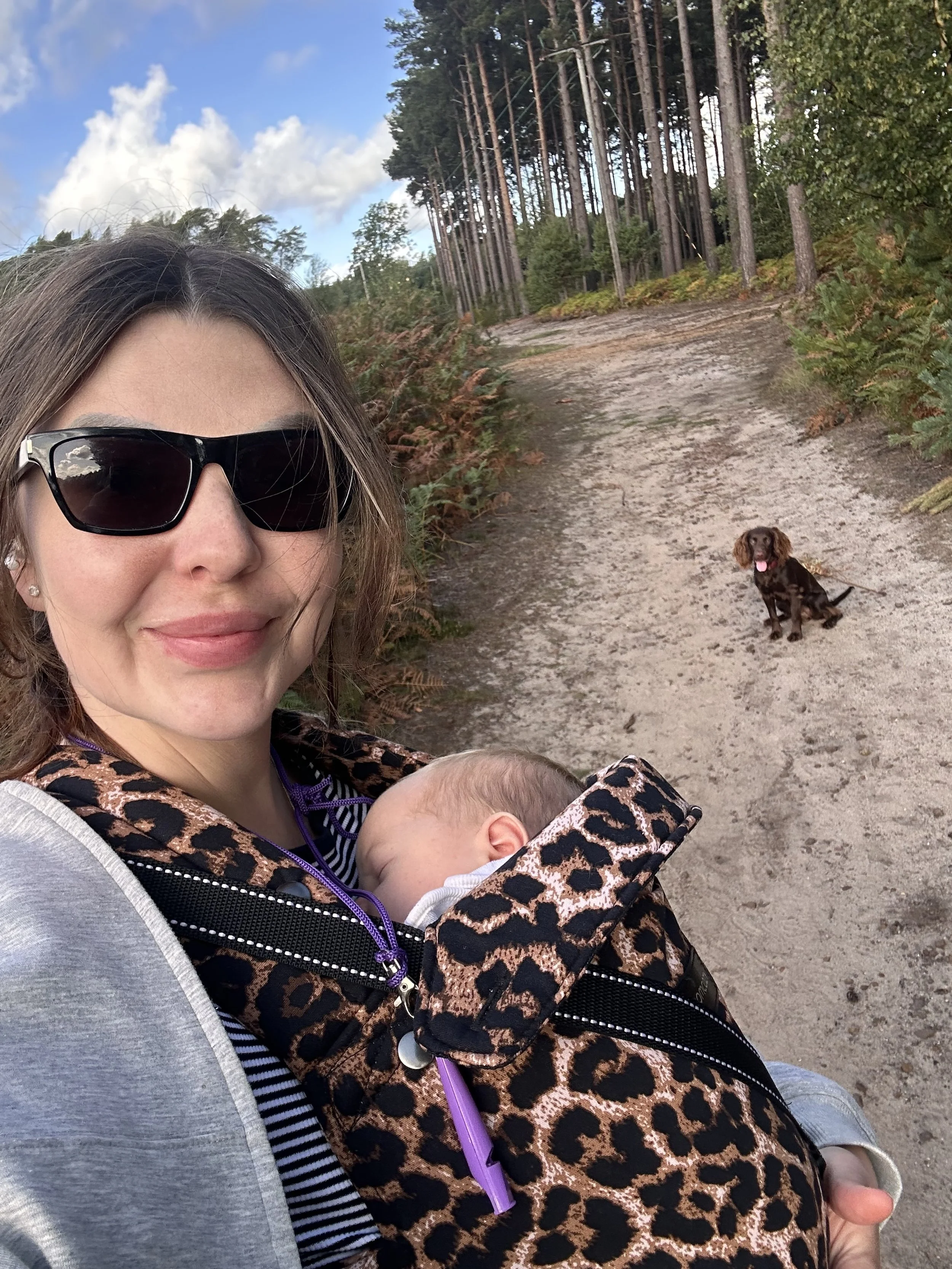 A woman with sunglasses carrying a sleeping baby in a leopard print baby carrier on a forest trail with a brown dog sitting on the path.