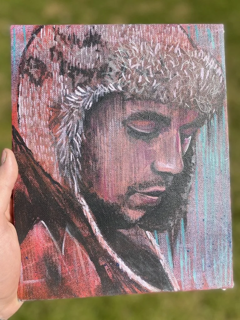 A portrait painting of a person with a large, elaborate headdress made of fluffy and spiky textures, and a calm, introspective facial expression, created with vibrant colors including pink, black, and white, on a canvas with visible brushstrokes.