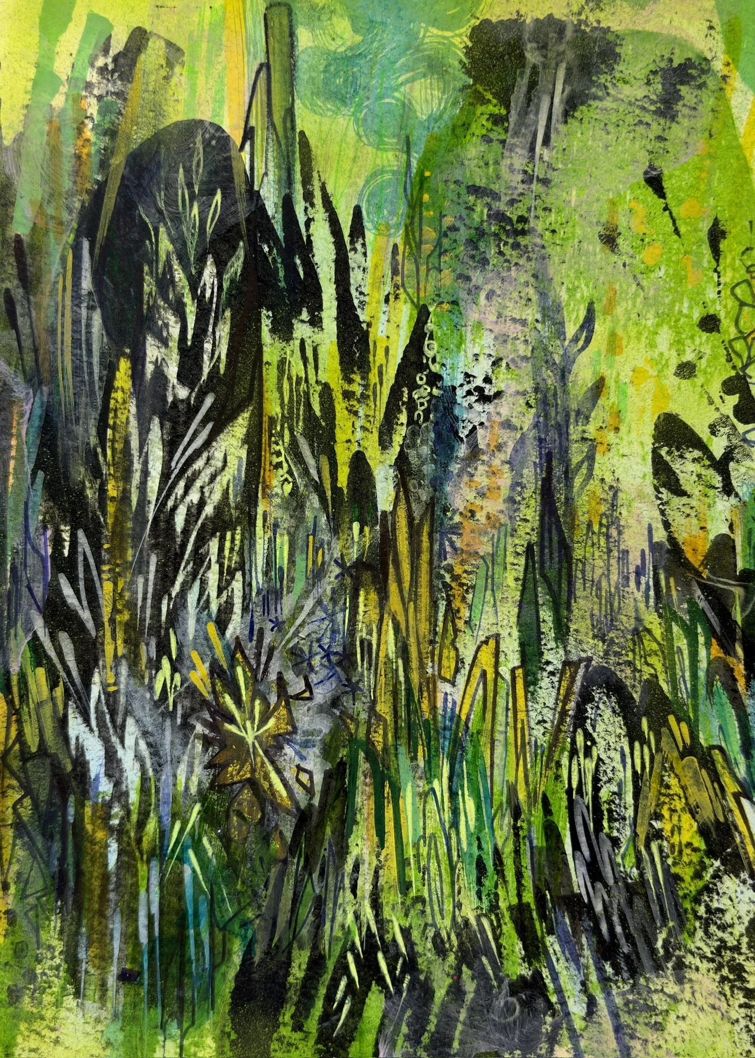 An abstract painting featuring a lush green landscape with tall grass and plants, black tree silhouettes, and vibrant background colors blending into a vivid scene of nature.