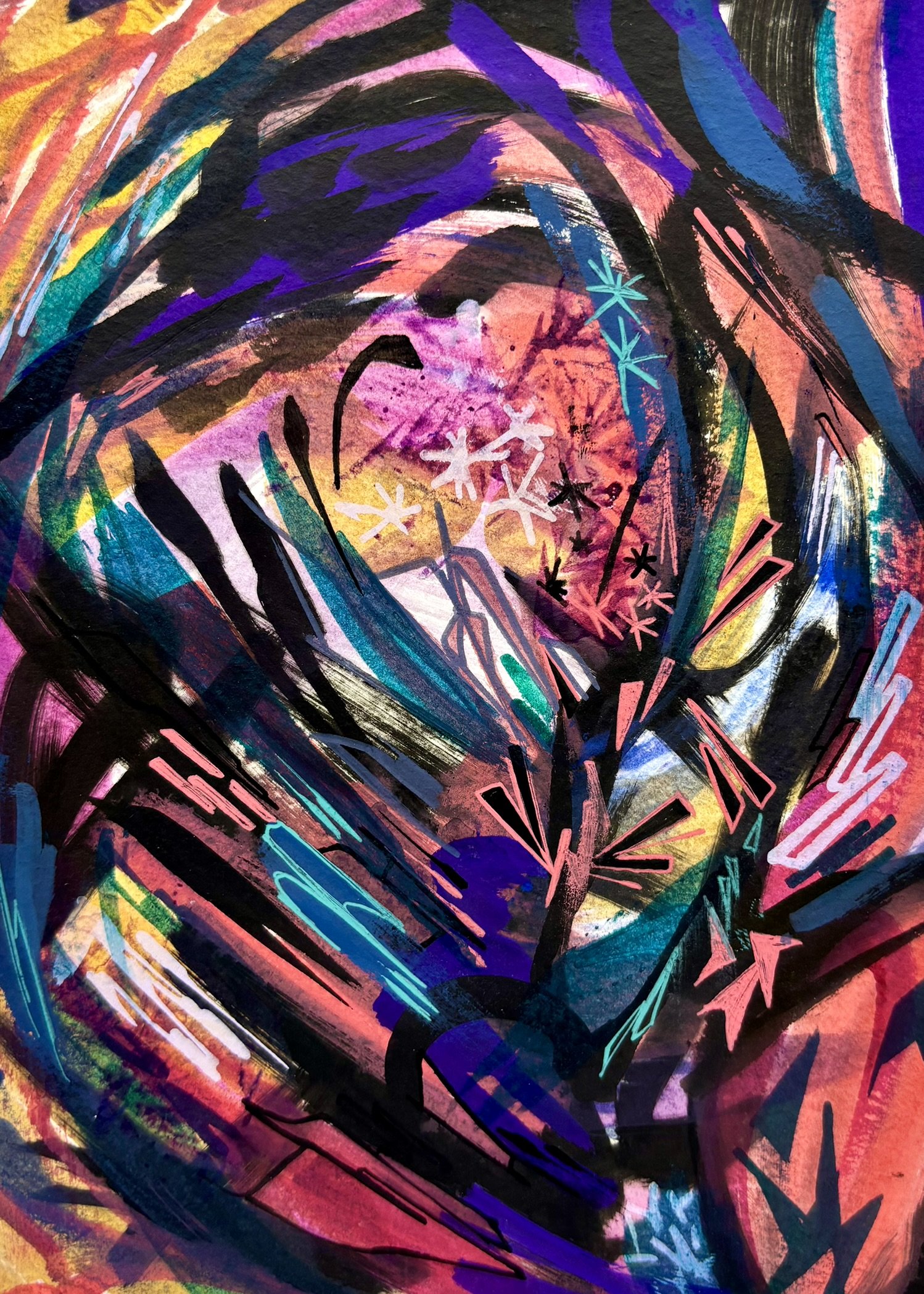 Abstract colorful painting with swirling black lines, bright pinks, blues, greens, yellows, and purple, featuring star-like shapes and energetic brushstrokes.