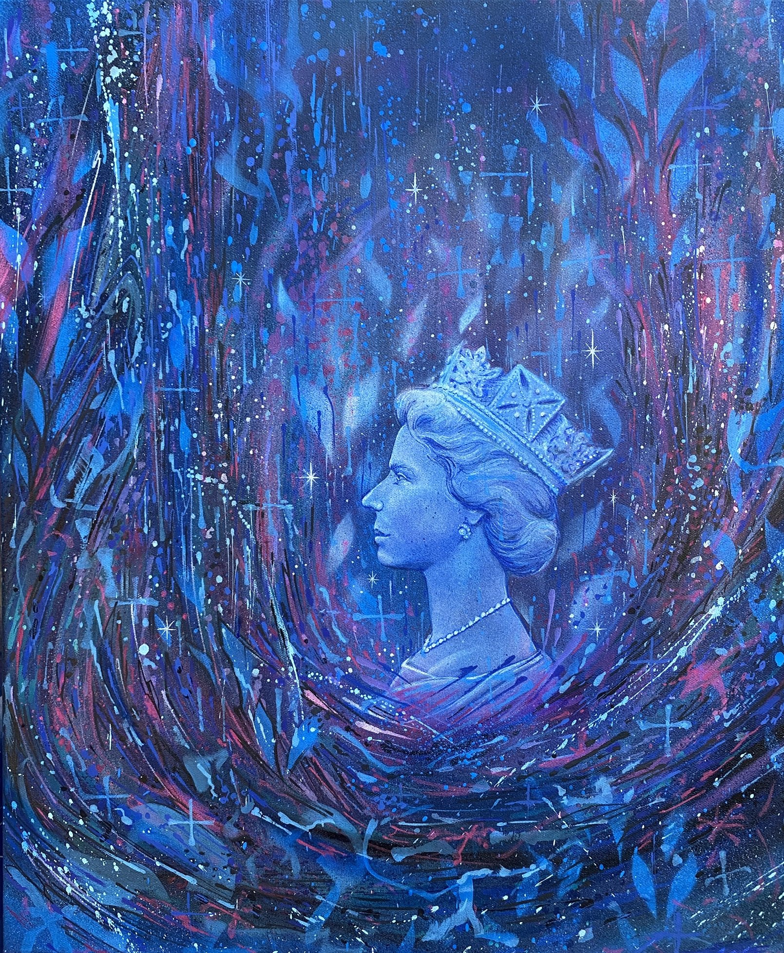 A vivid, abstract painting featuring a profile of a woman wearing a crown, set against a cosmic background with swirling colors of blue, purple, and pink, star-like specks, and flowing lines that evoke a sense of movement and wonder.