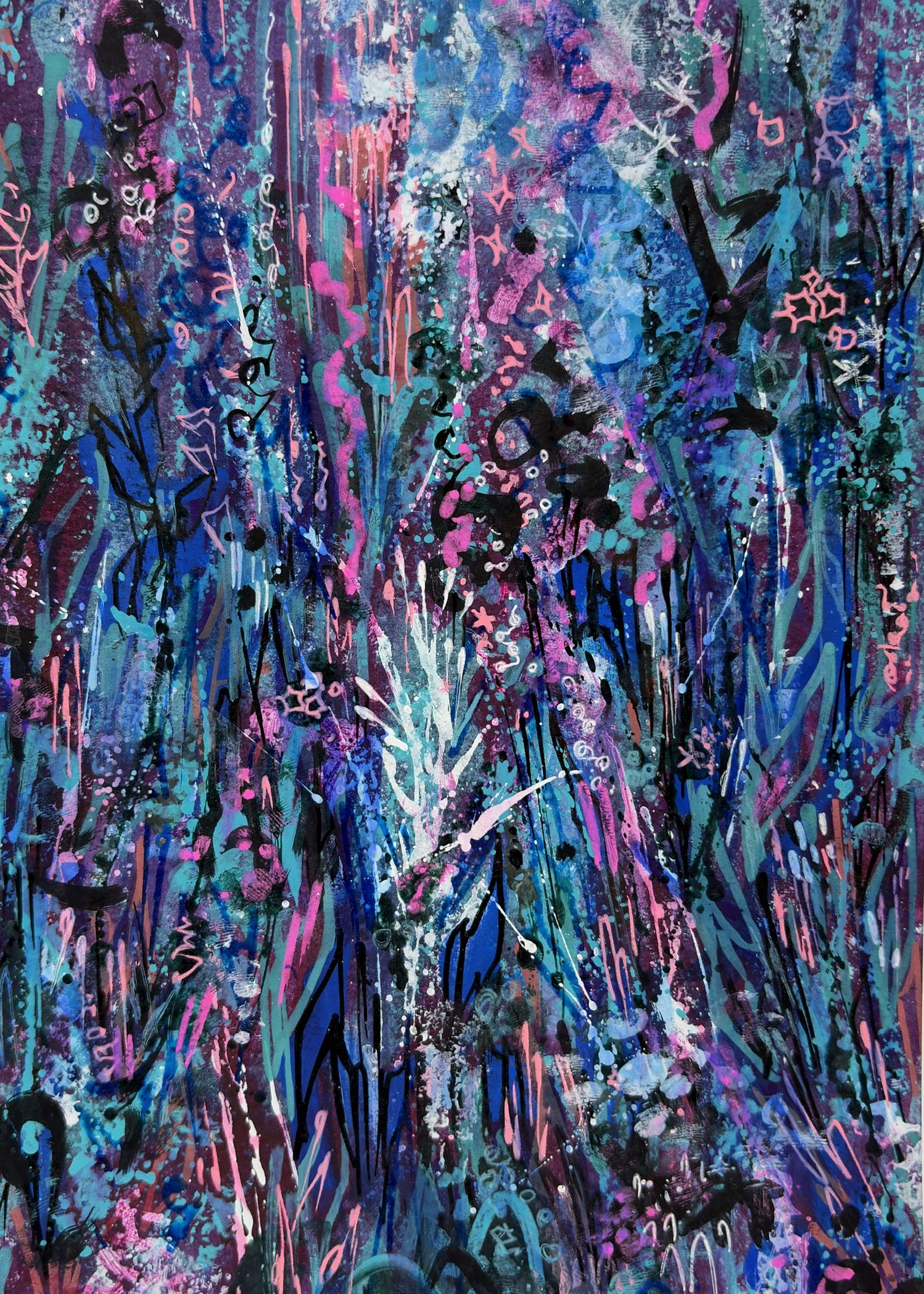 Abstract painting with vibrant streaks and splashes of pink, blue, purple, white, and black colors, layered with various abstract shapes and textures.